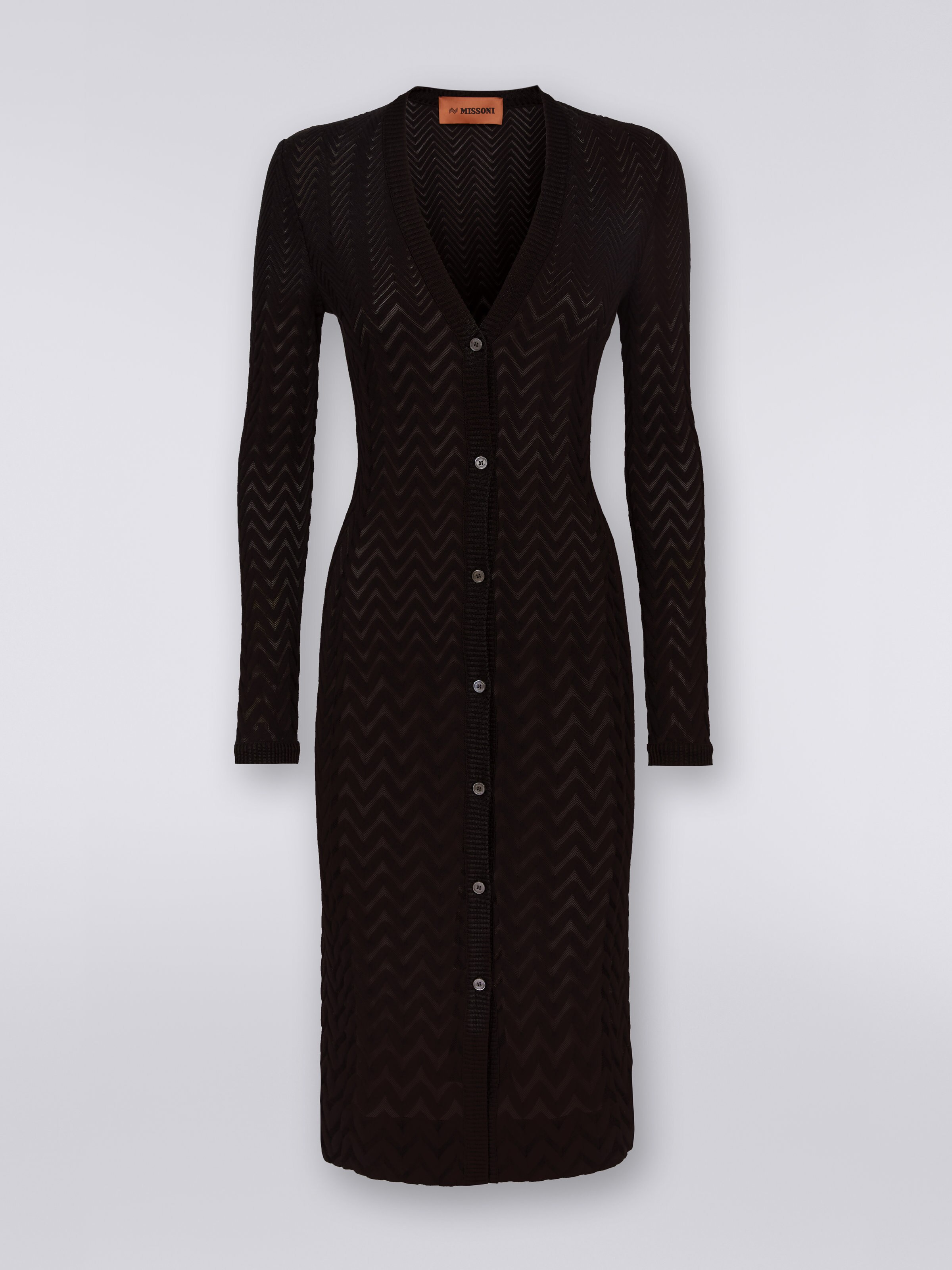 Long cotton and viscose cardigan with tone-on-tone chevron, Black    - 0