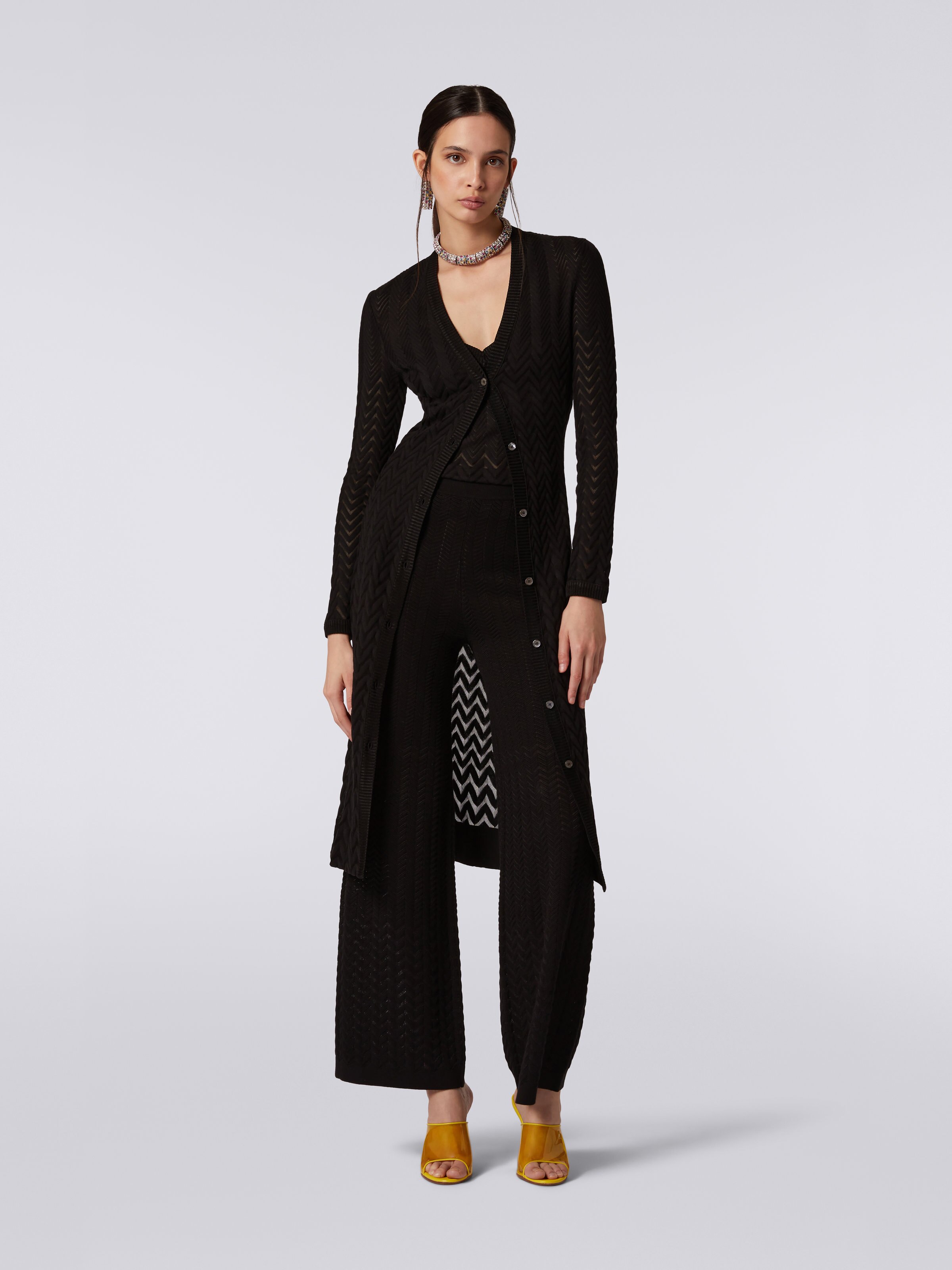 Long cotton and viscose cardigan with tone-on-tone chevron, Black    - 1
