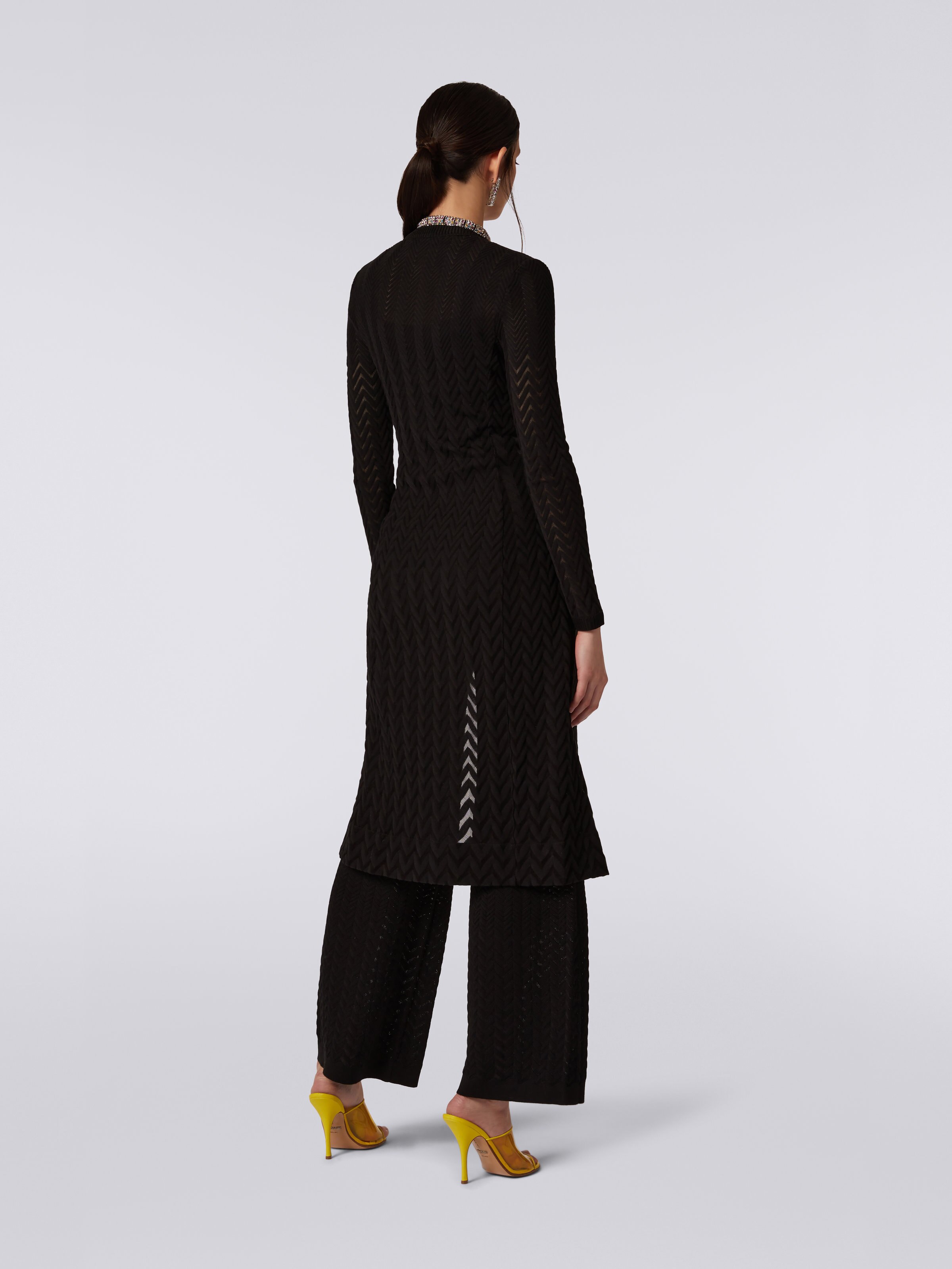 Long cotton and viscose cardigan with tone-on-tone chevron, Black    - 3