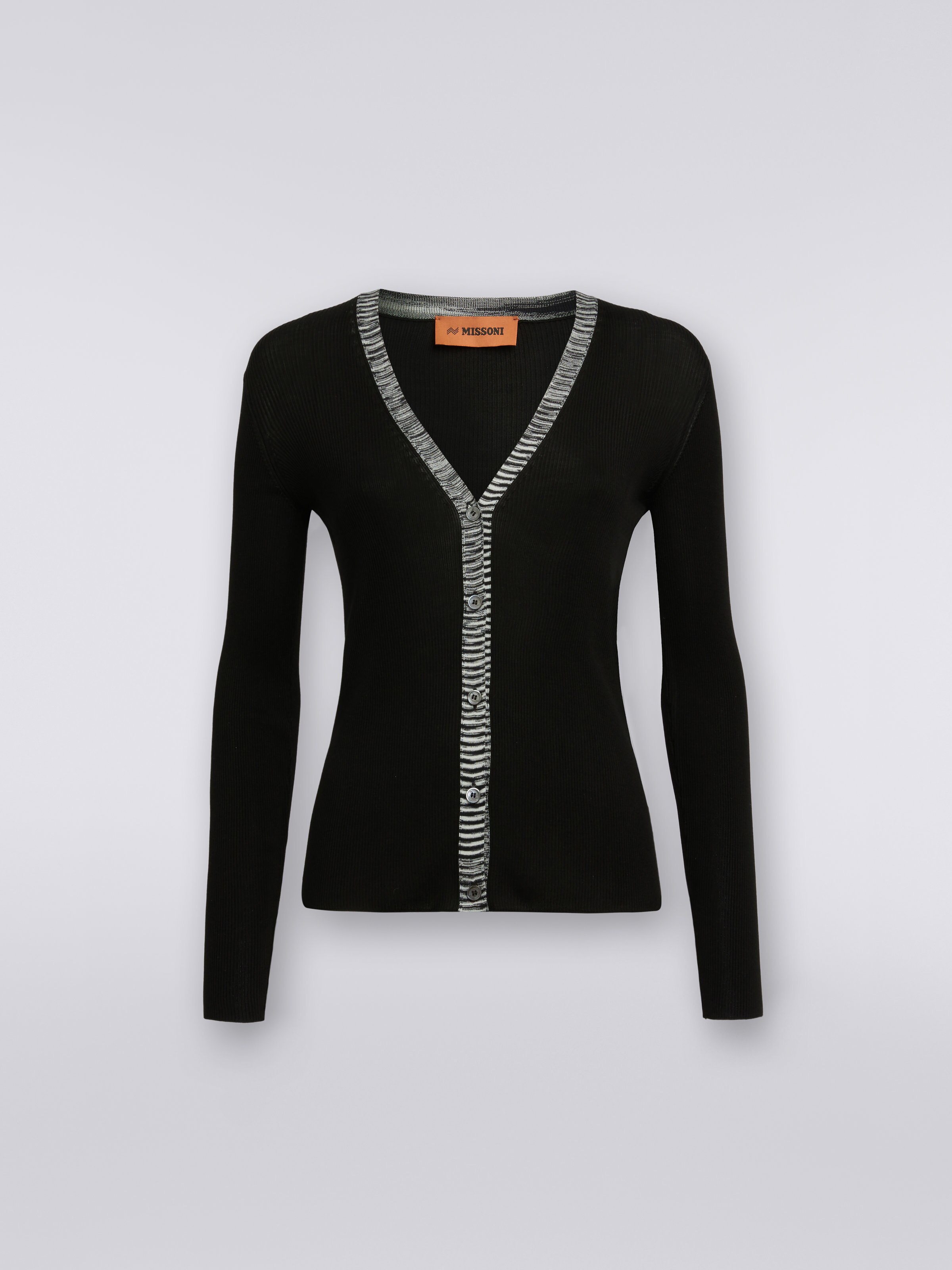 Cardigan in seta a costine con profilo a contrasto, Nero    - 0