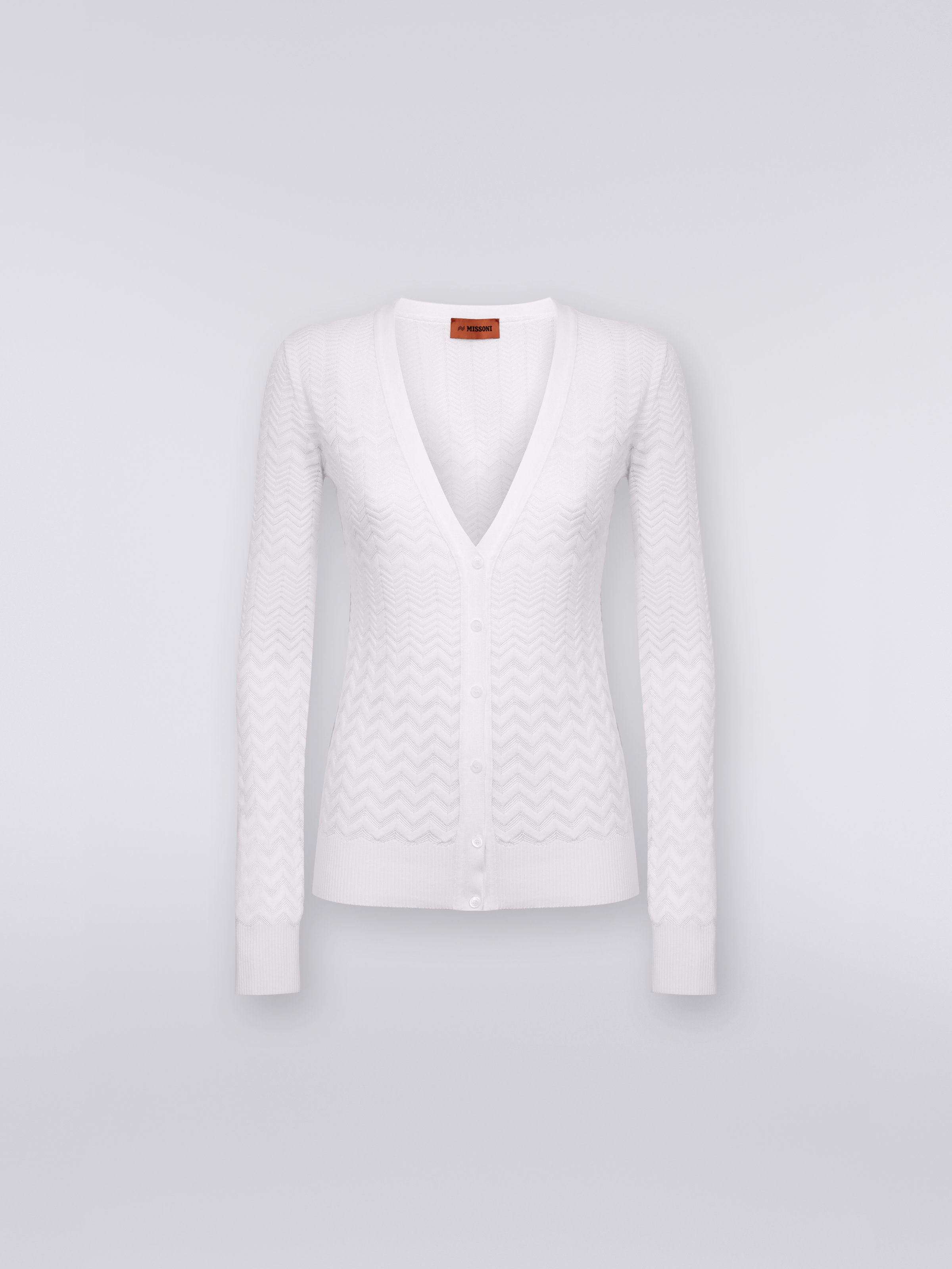 Cotton and viscose cardigan with tone-on-tone zigzag, White  - 0