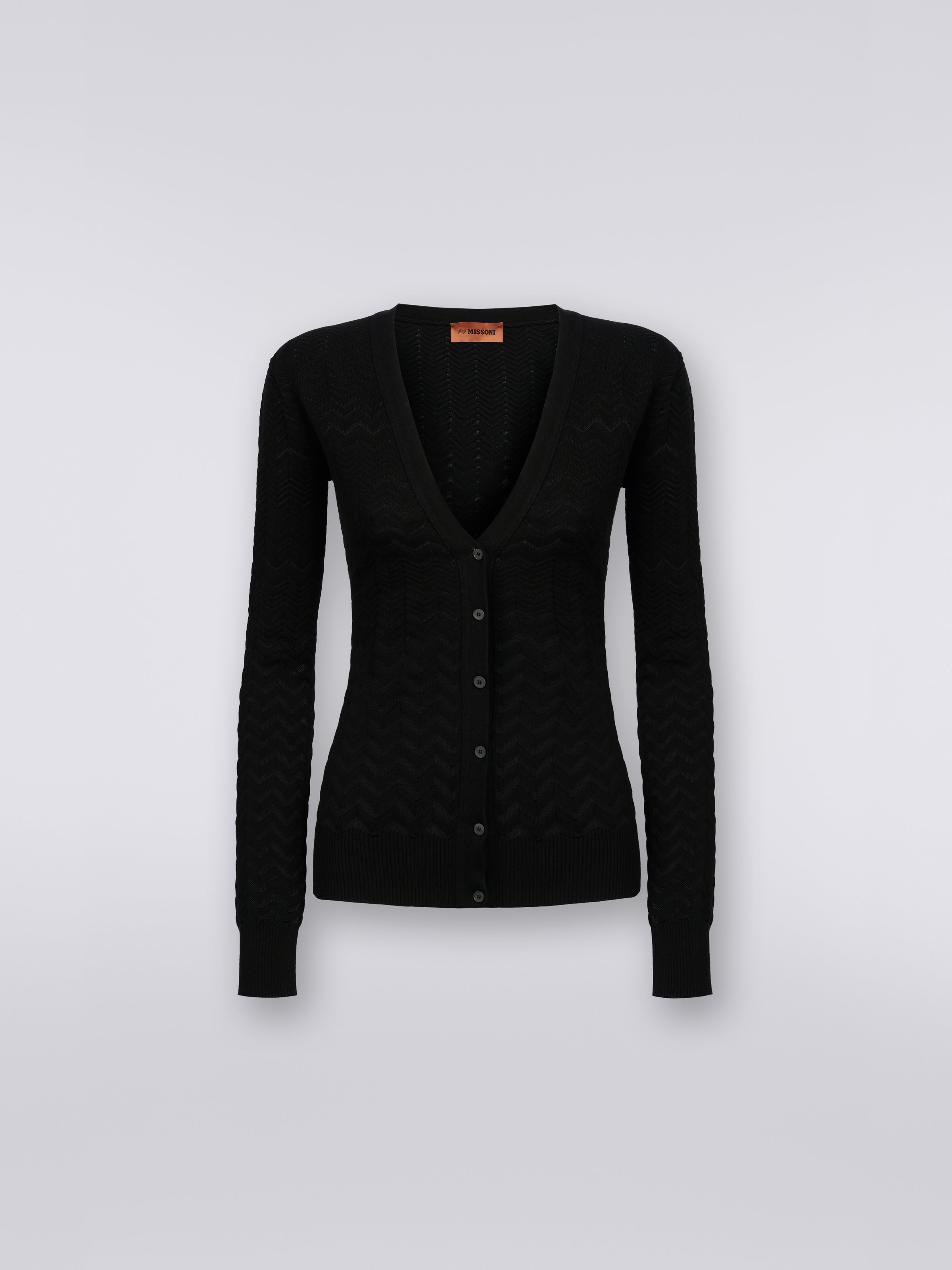 Cotton and viscose cardigan with tone-on-tone zigzag, Black    - 0