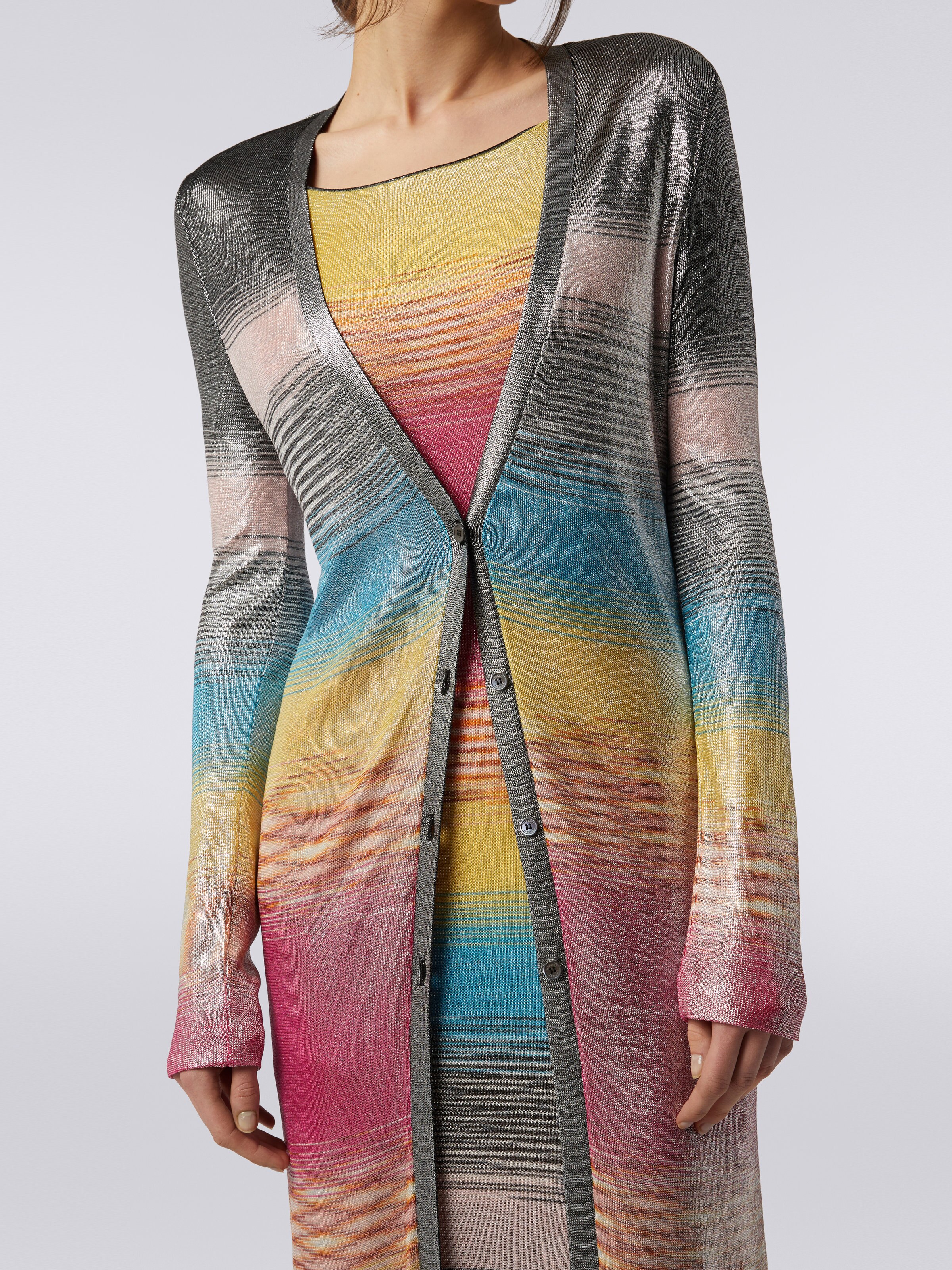 Cardigan long en viscose flammée multicolore avec finition brillante, Multicolore  - 4