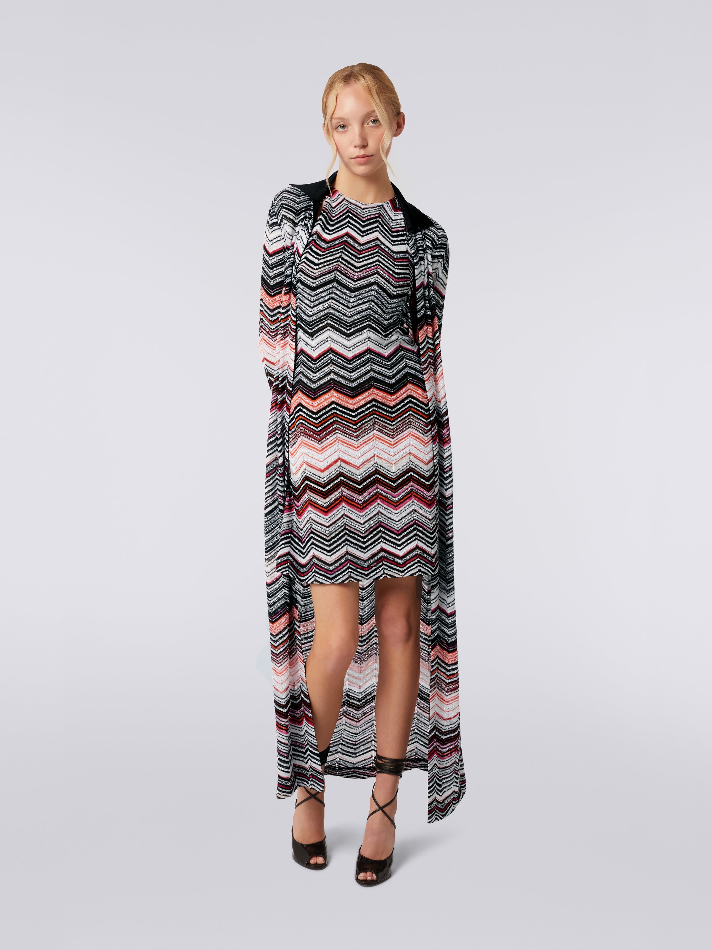 Long chevron cotton blend cardigan with sequins, Black, Pink & White  - 1