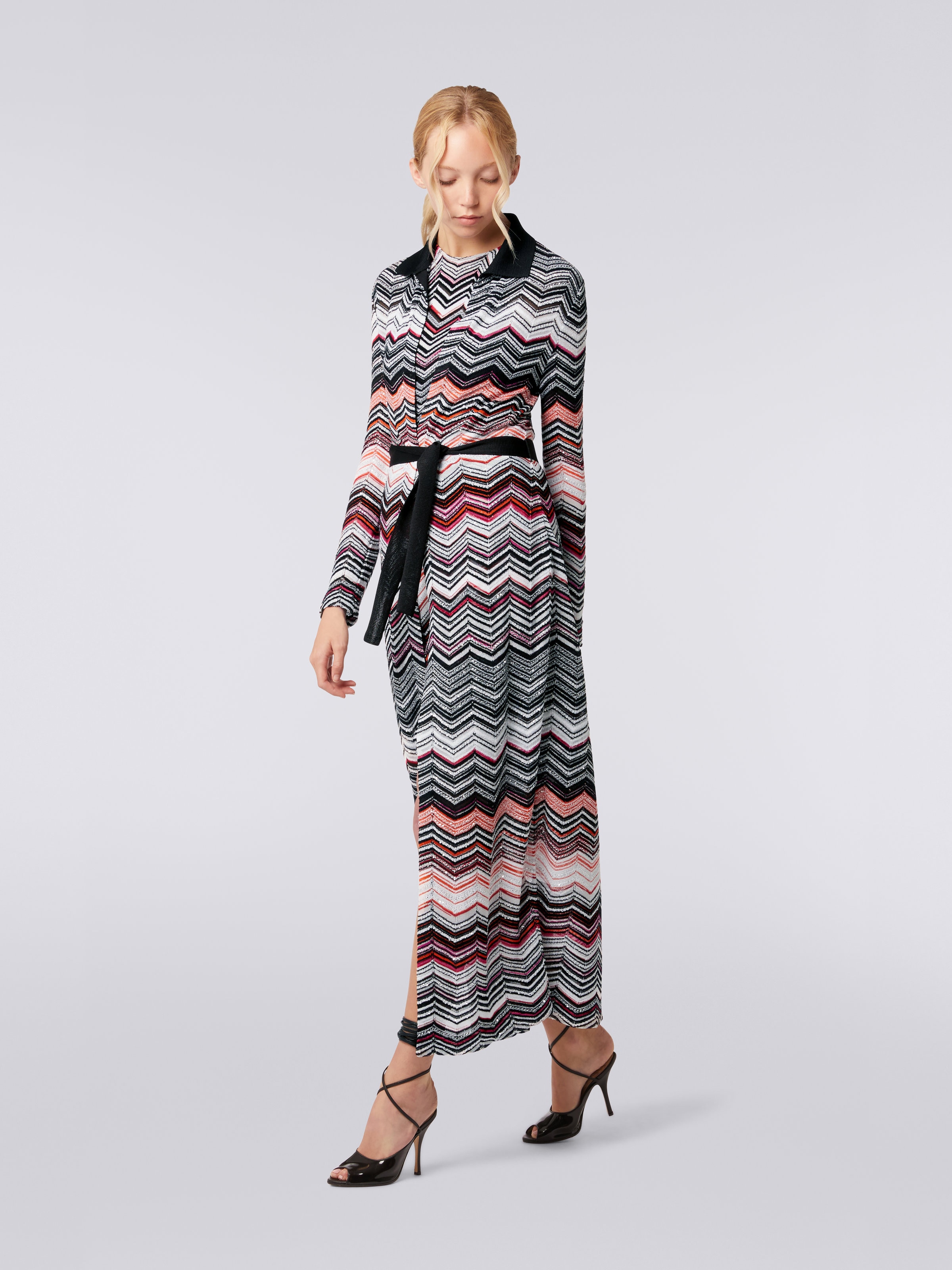 Long chevron cotton blend cardigan with sequins, Black, Pink & White  - 2