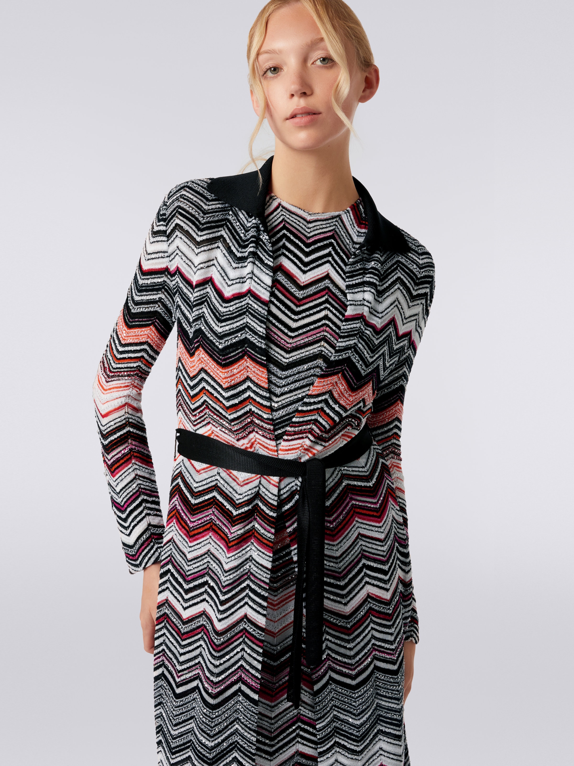 Long chevron cotton blend cardigan with sequins, Black, Pink & White  - 4