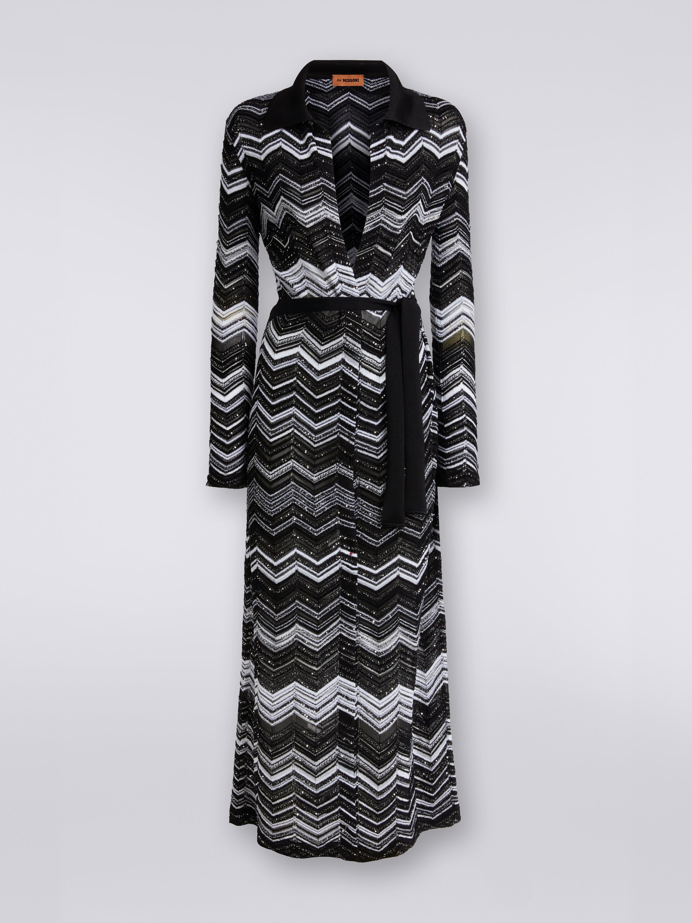 Long chevron cotton blend cardigan with sequins, Black & White - 0