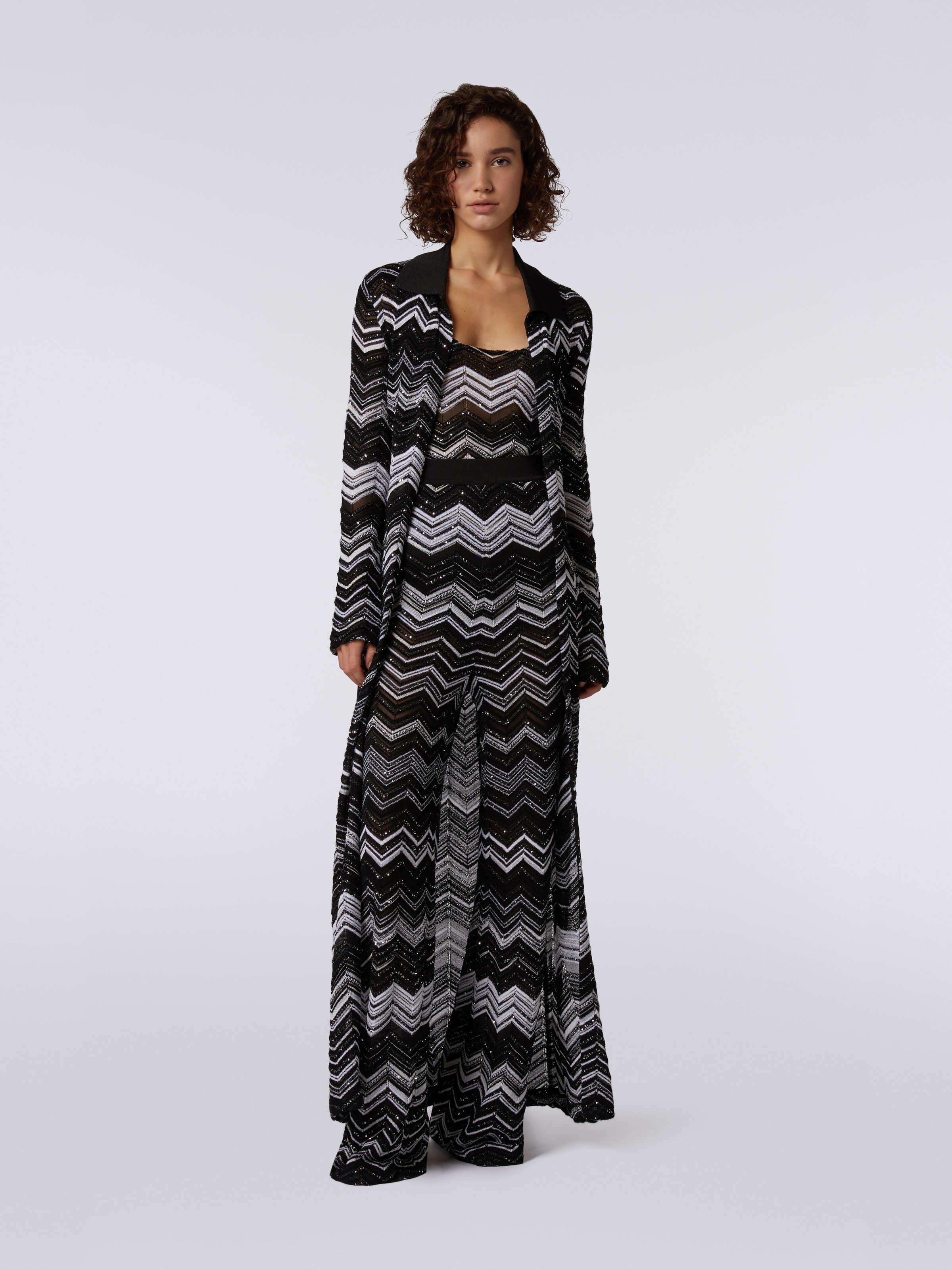 Long chevron cotton blend cardigan with sequins, Black & White - 1