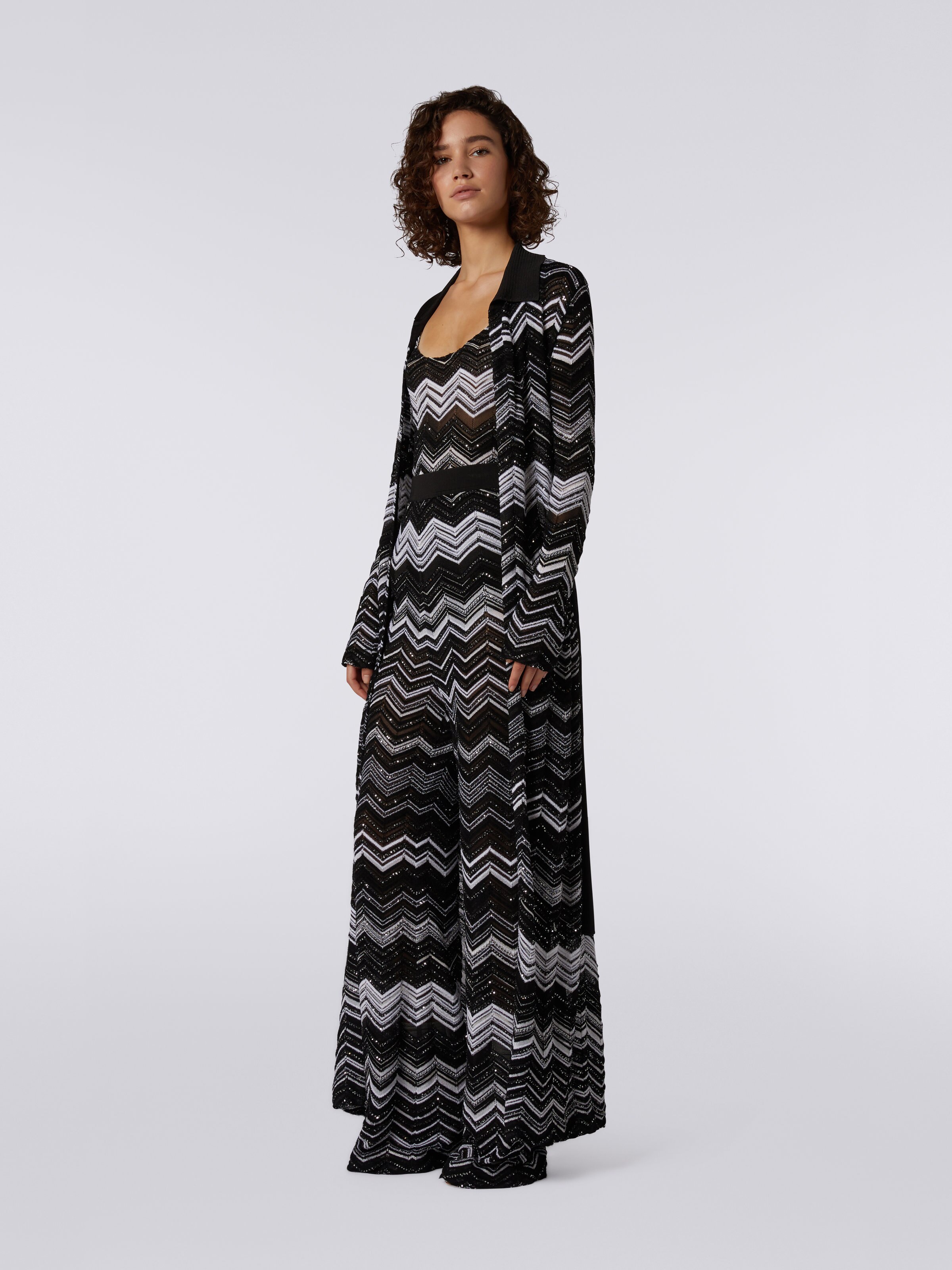 Long chevron cotton blend cardigan with sequins, Black & White - 2