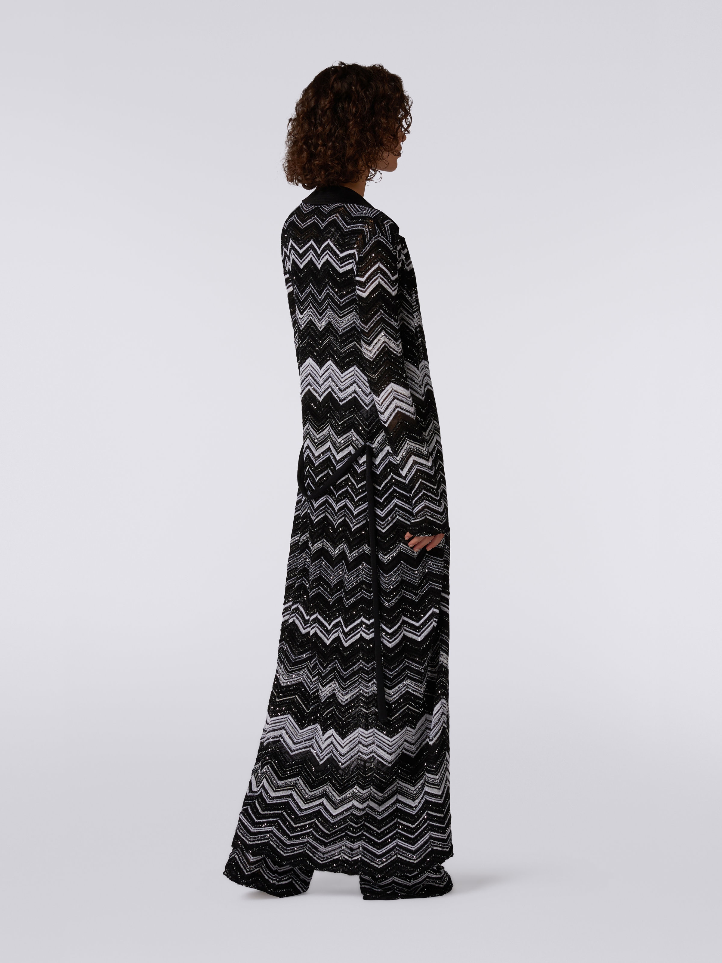 Long chevron cotton blend cardigan with sequins, Black & White - 3