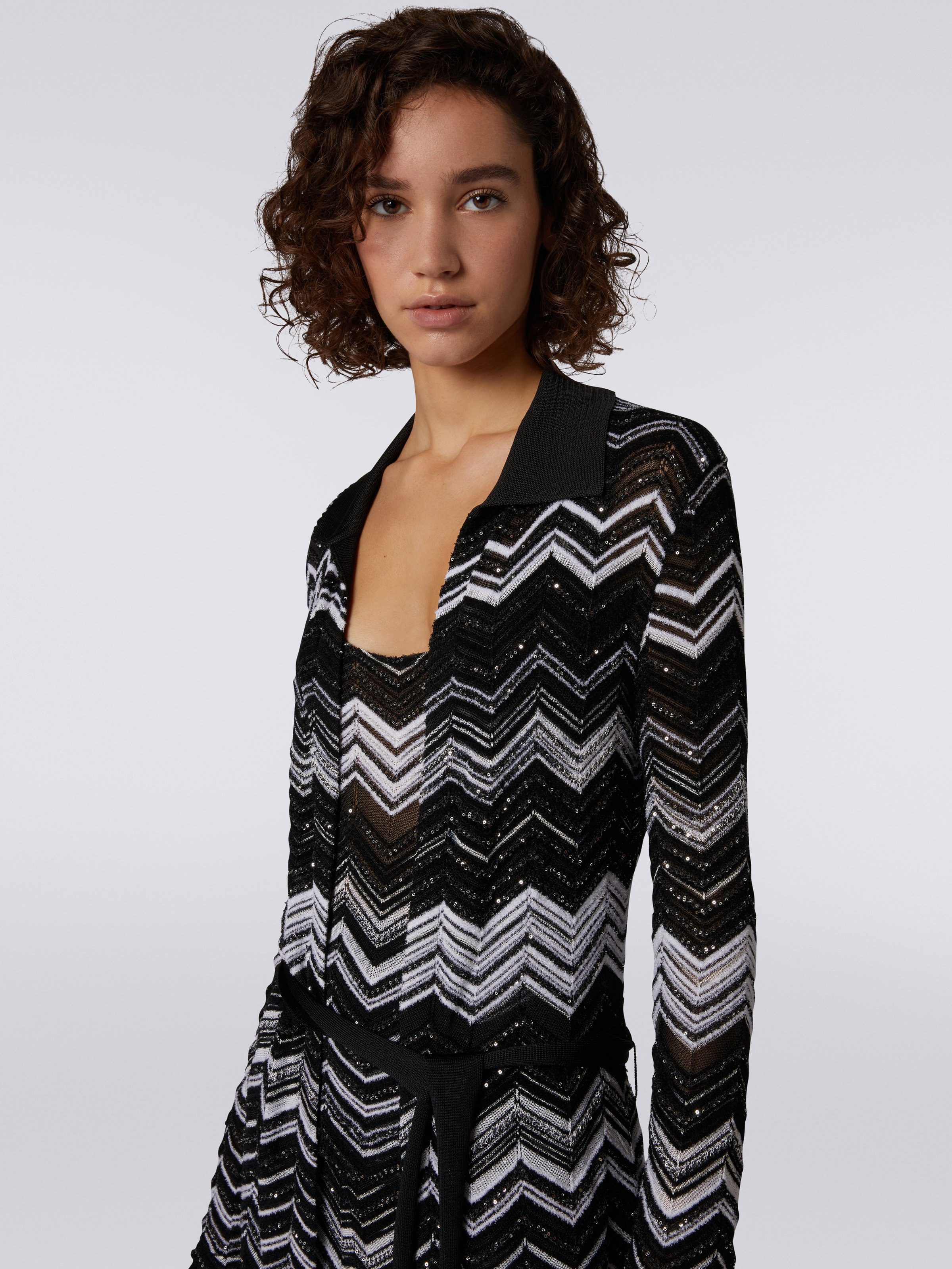 Long chevron cotton blend cardigan with sequins, Black & White - 4