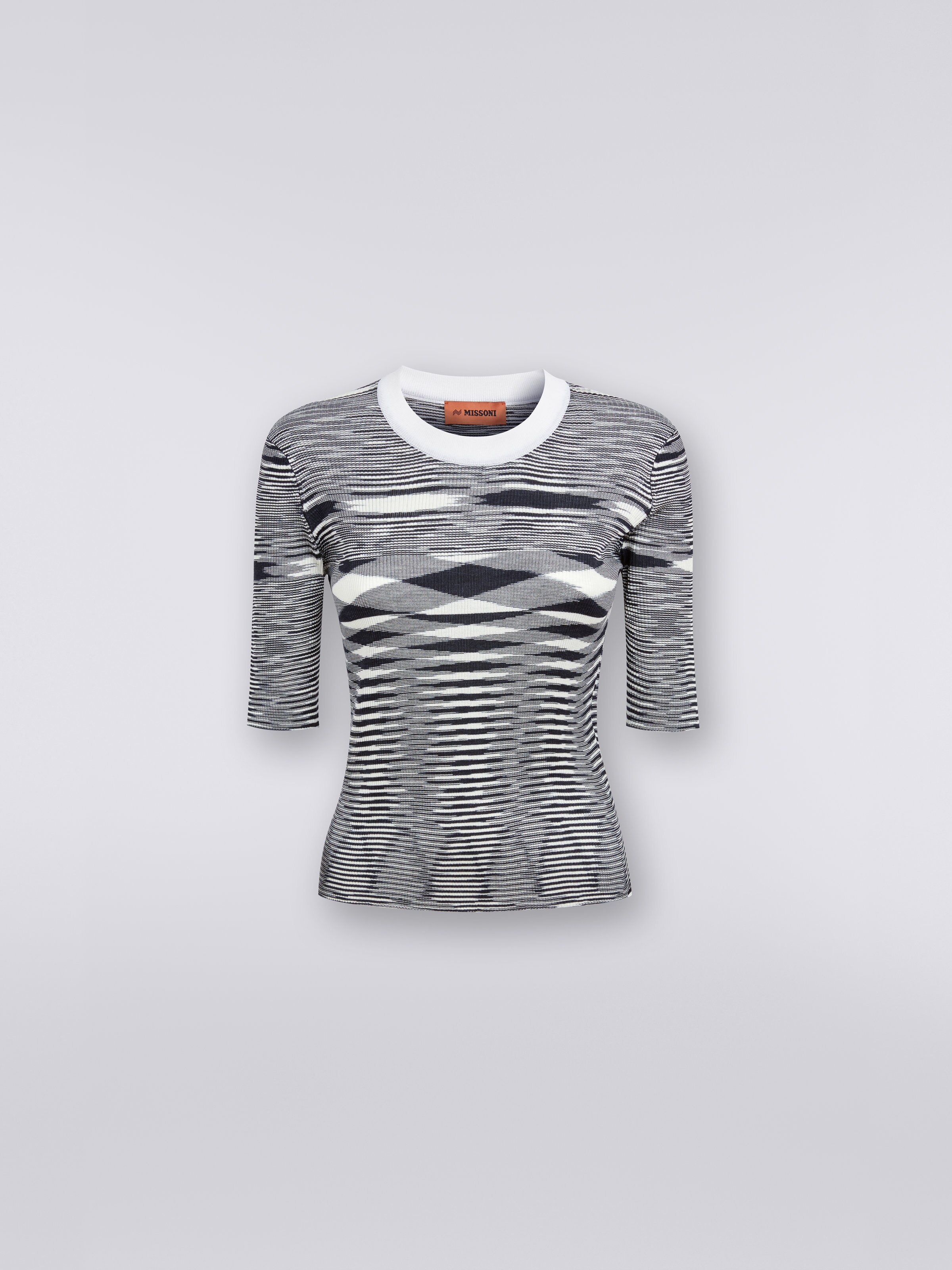 Camiseta de manga corta y cuello redondo en seda flameada, Blanco & Negro - 0