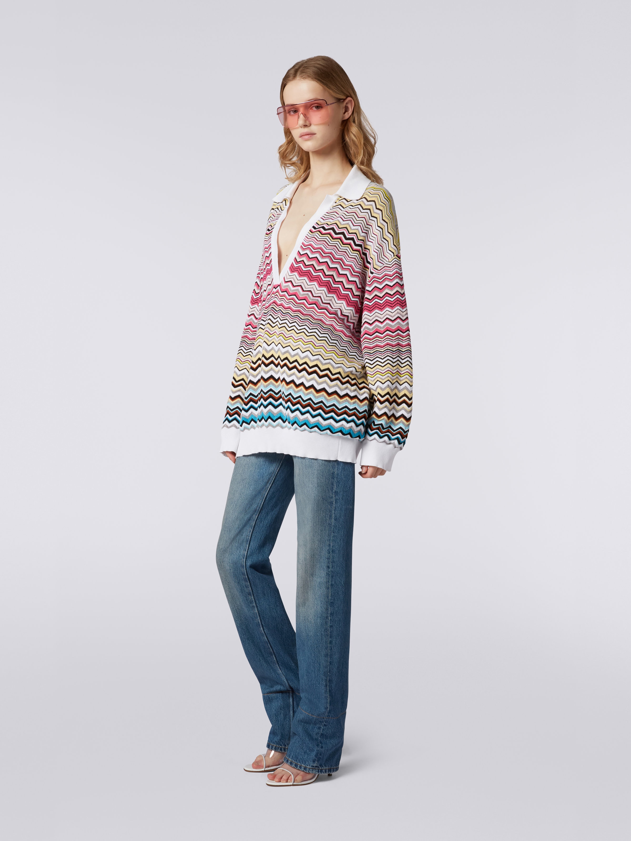Long-sleeved oversized polo shirt with chevron pattern, Multicoloured - 2