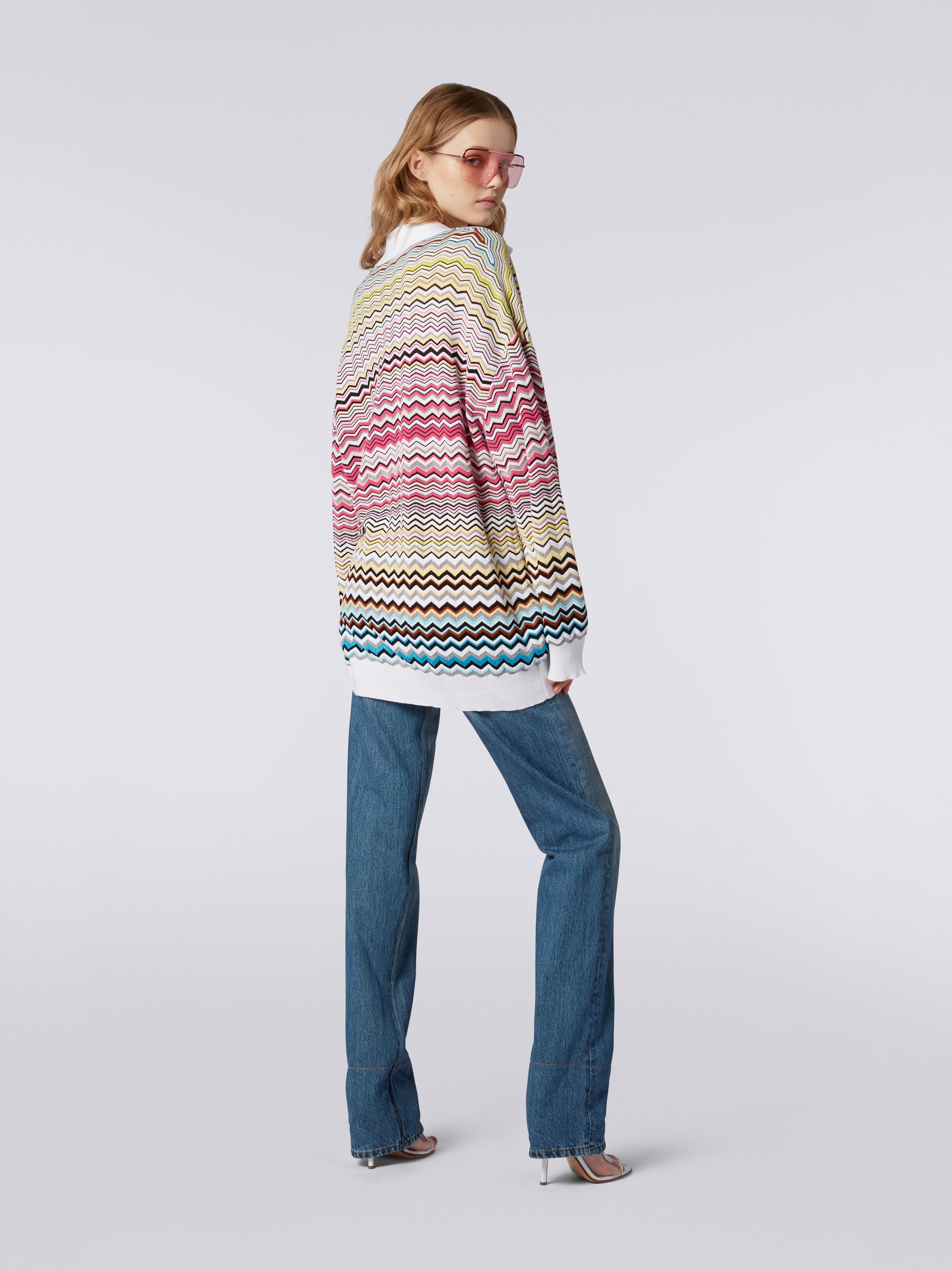 Long-sleeved oversized polo shirt with chevron pattern, Multicoloured - 3