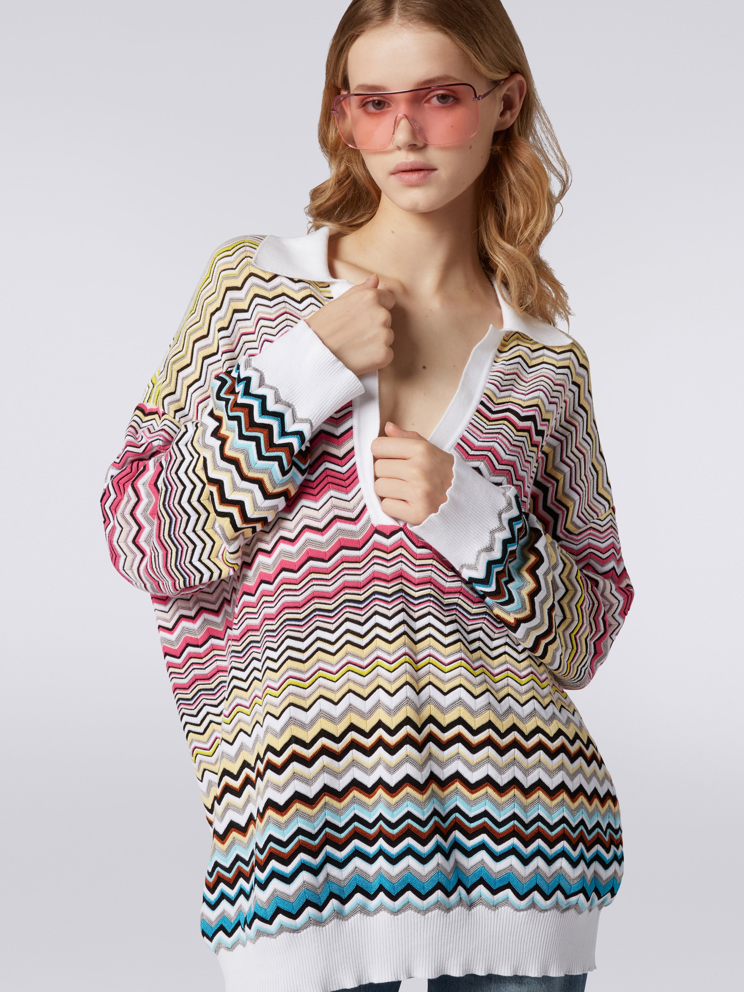 Long-sleeved oversized polo shirt with chevron pattern, Multicoloured - 4