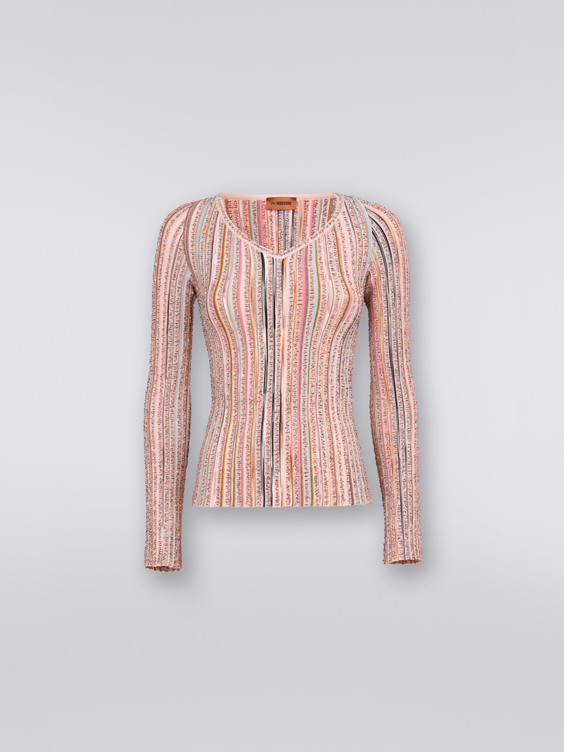 Langärmeliger Pullover mit Ripp und Pailletten, Rosa & Mehrfarbig - 0