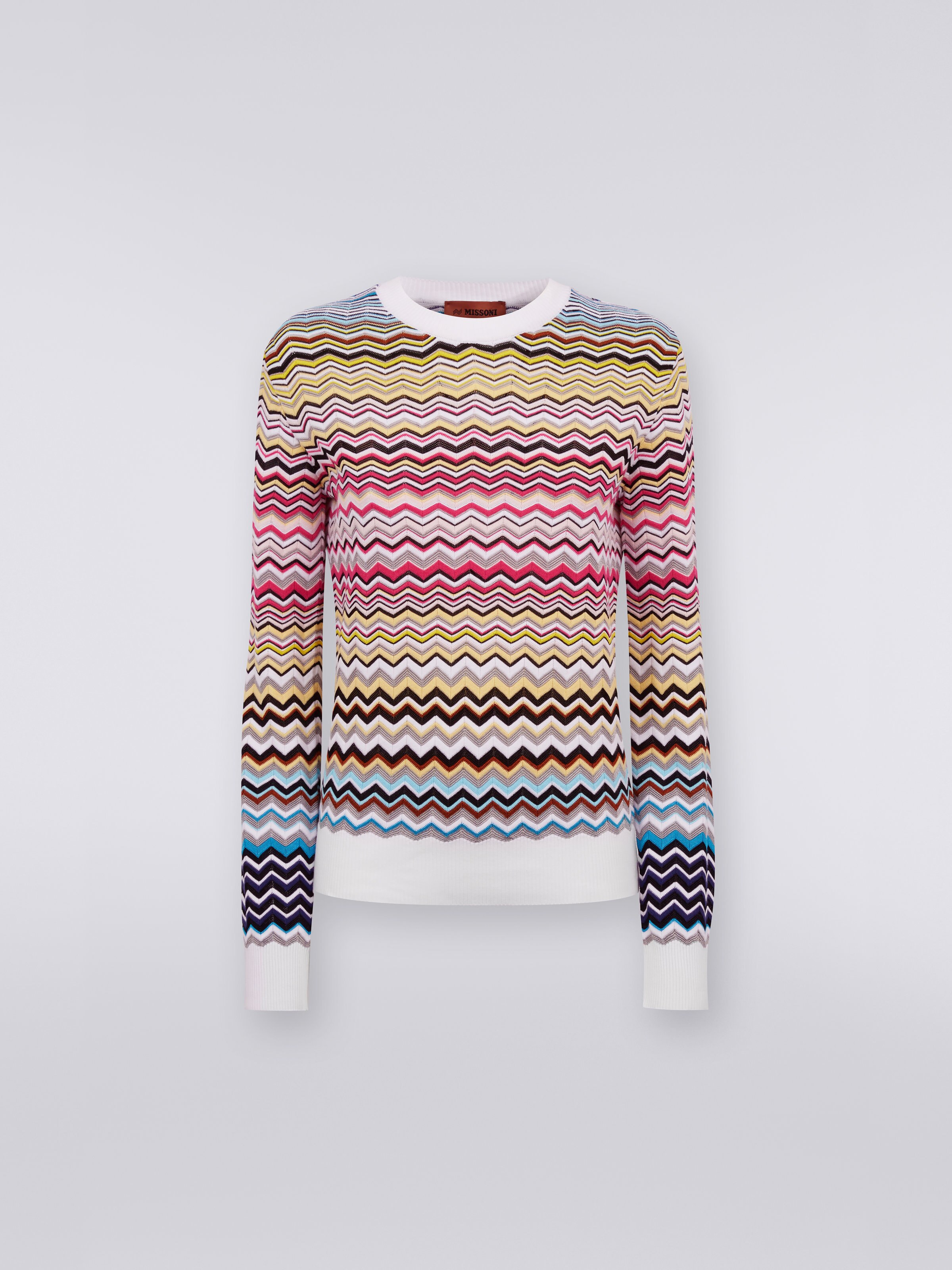 Pull à col ras du cou en coton et viscose à chevrons, Multicolore  - 0