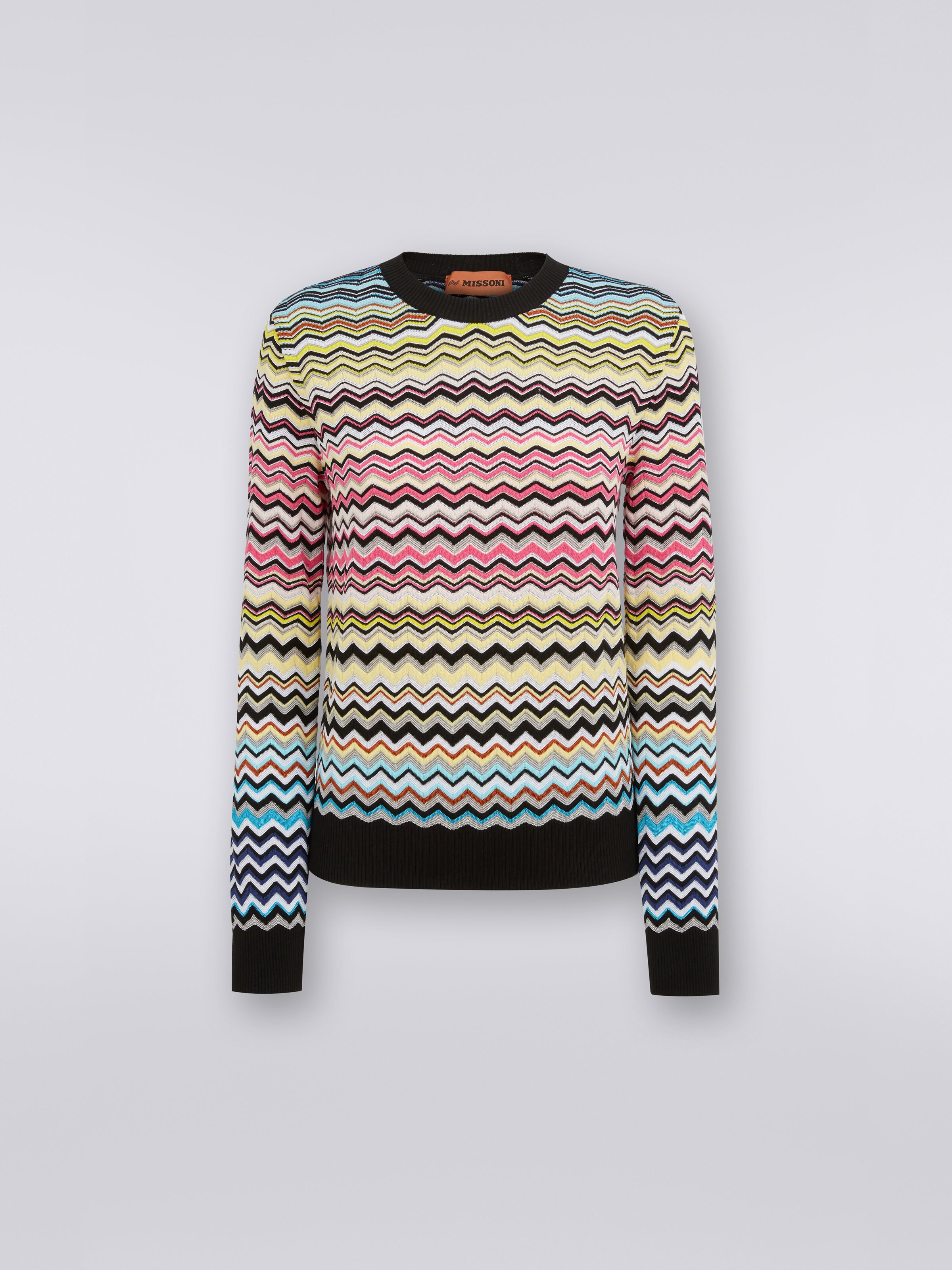 Pull à col ras du cou en coton et viscose à chevrons, Multicolore  - 0