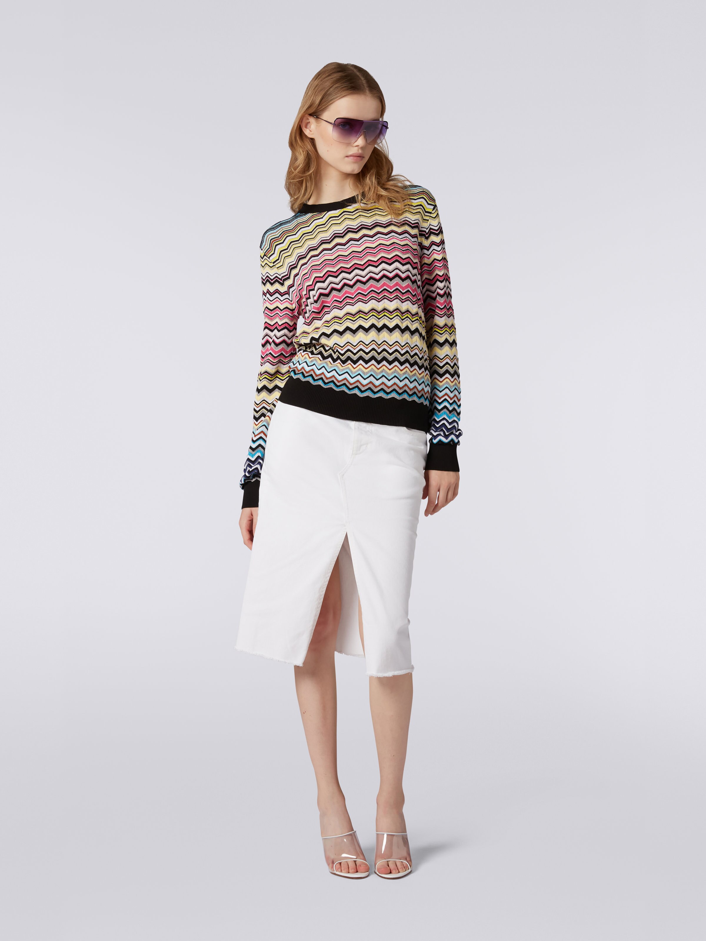 Cotton and viscose chevron crew-neck jumper, Multicoloured - 1