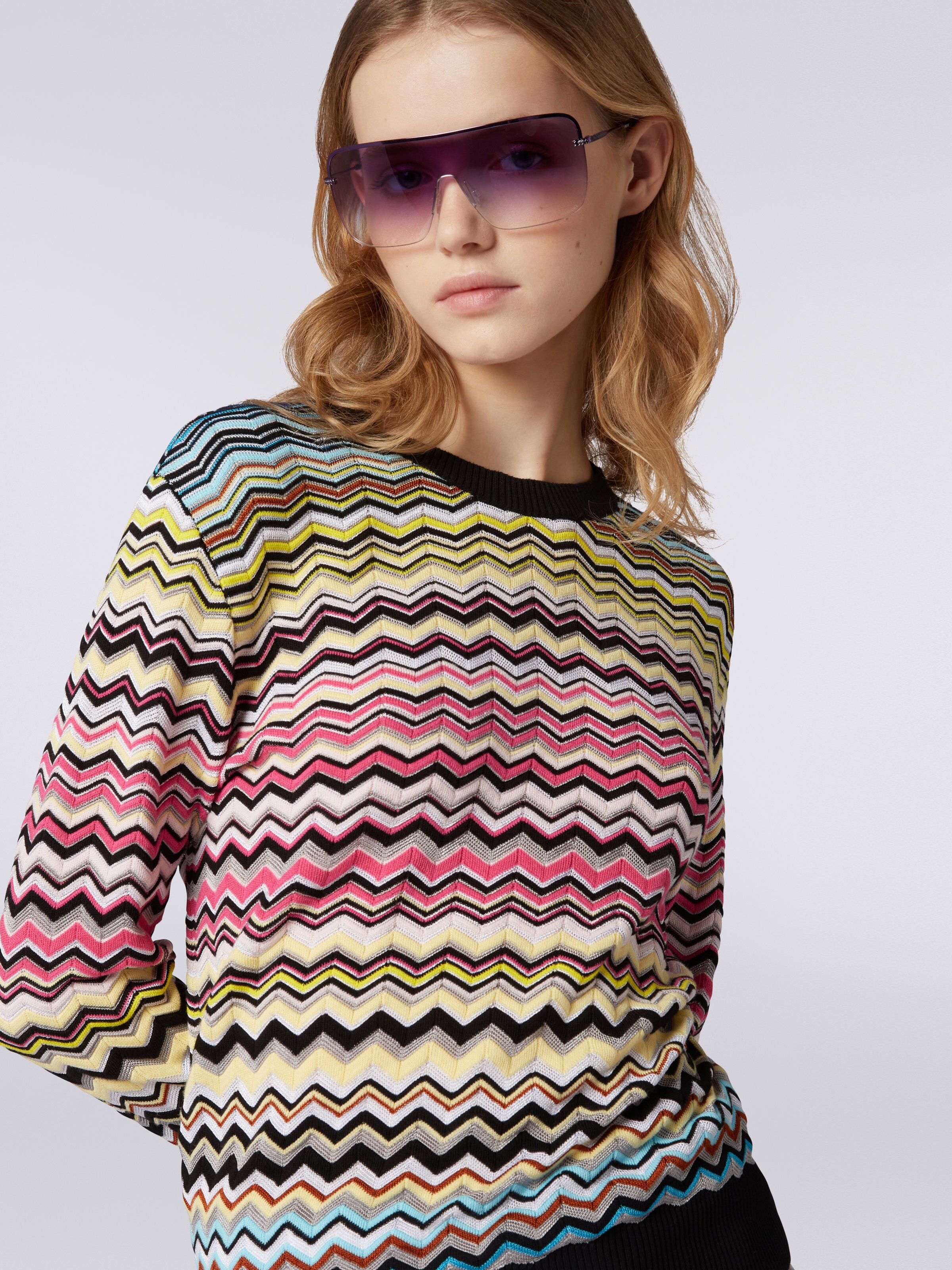 Maglione girocollo in cotone e viscosa chevron, Multicolore - 4