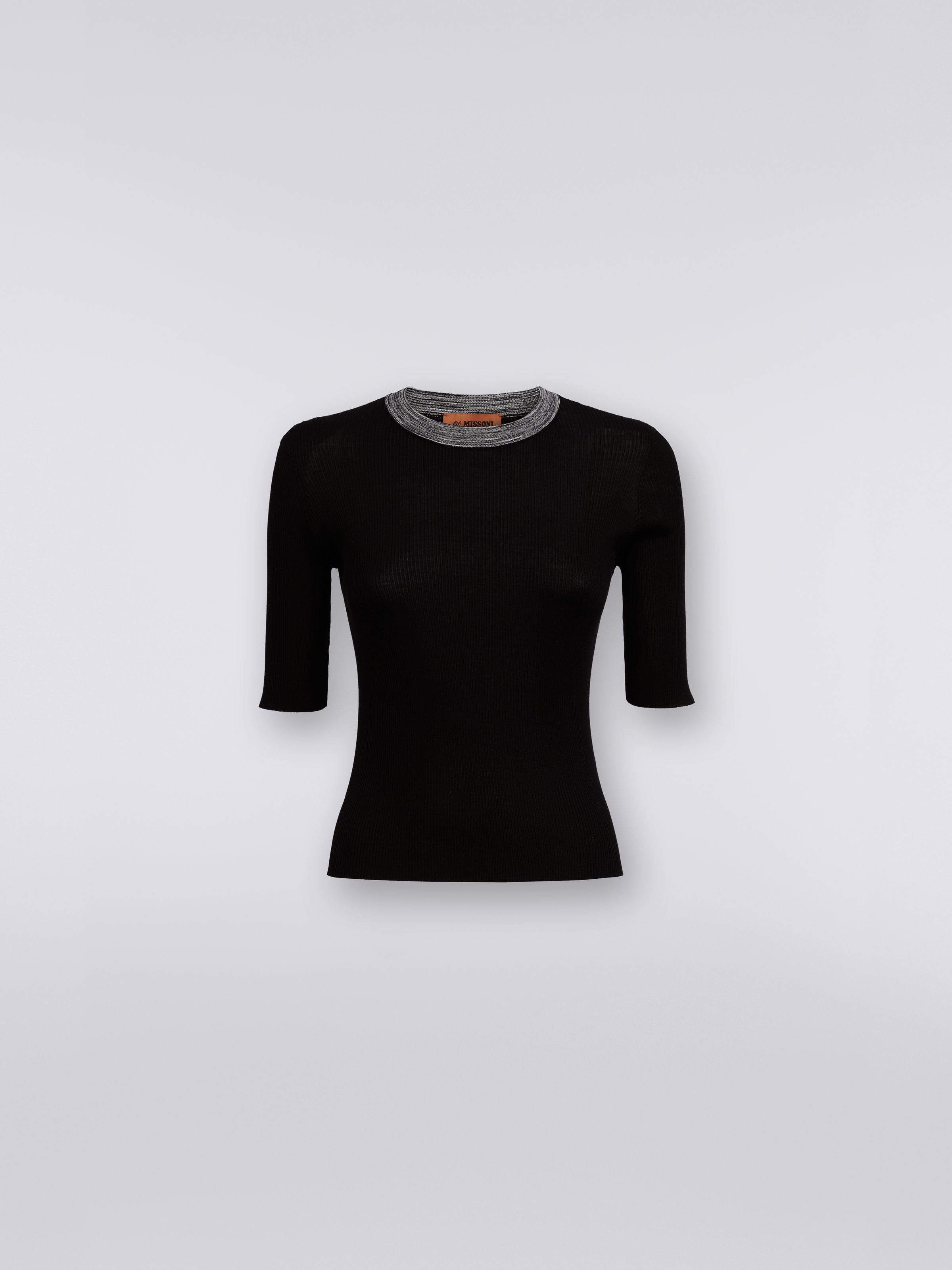 Short-sleeved crew-neck sweater in slubbed trim silk, Black    - 0