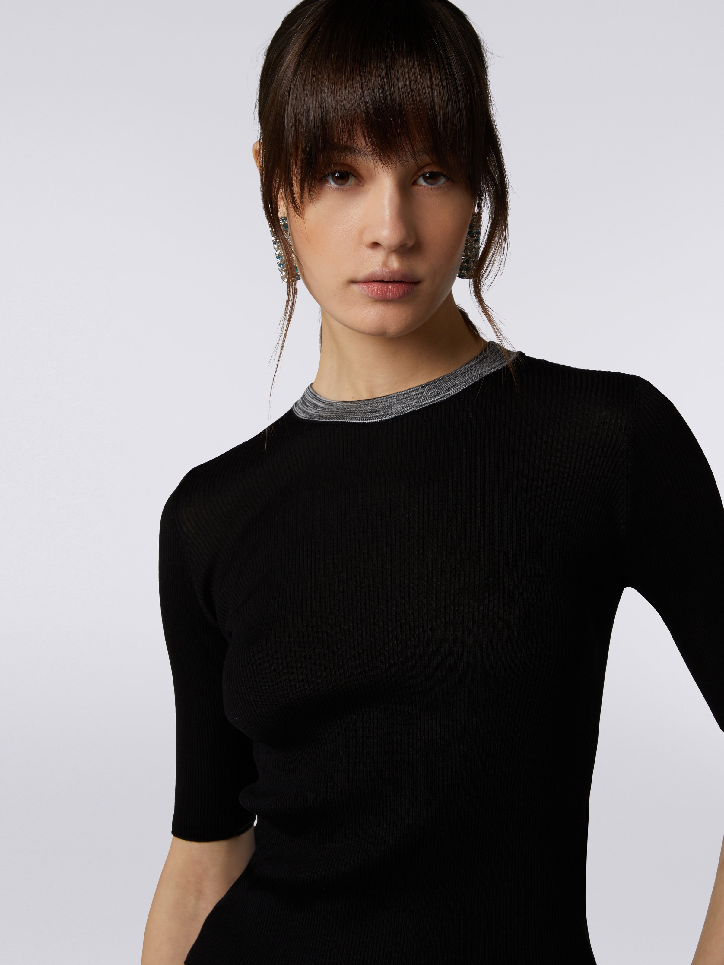 Short-sleeved crew-neck sweater in slubbed trim silk, Black    - 4