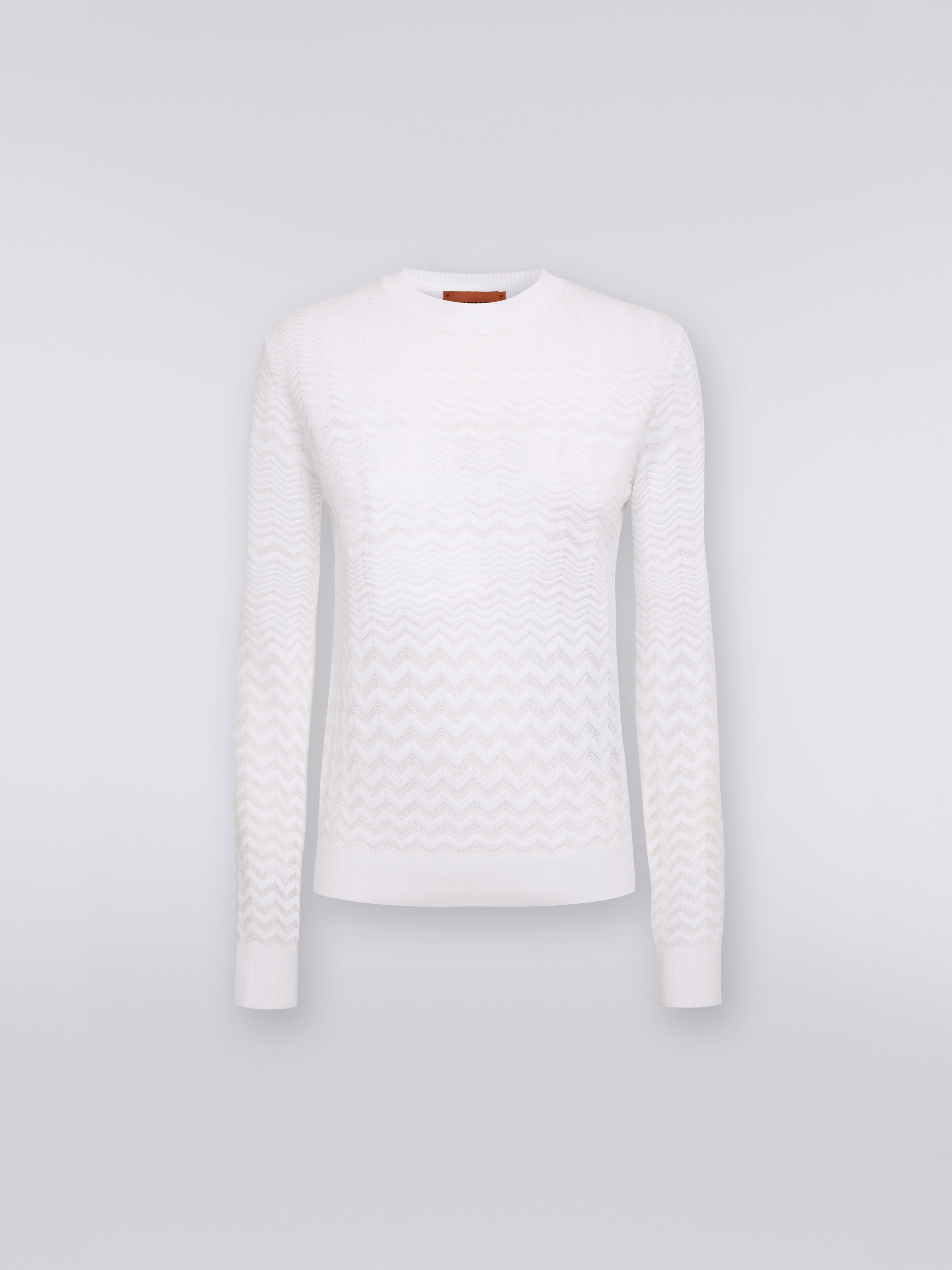 Jersey de algodón y viscosa con cuello redondo y zigzag tono sobre tono, Blanco  - 0