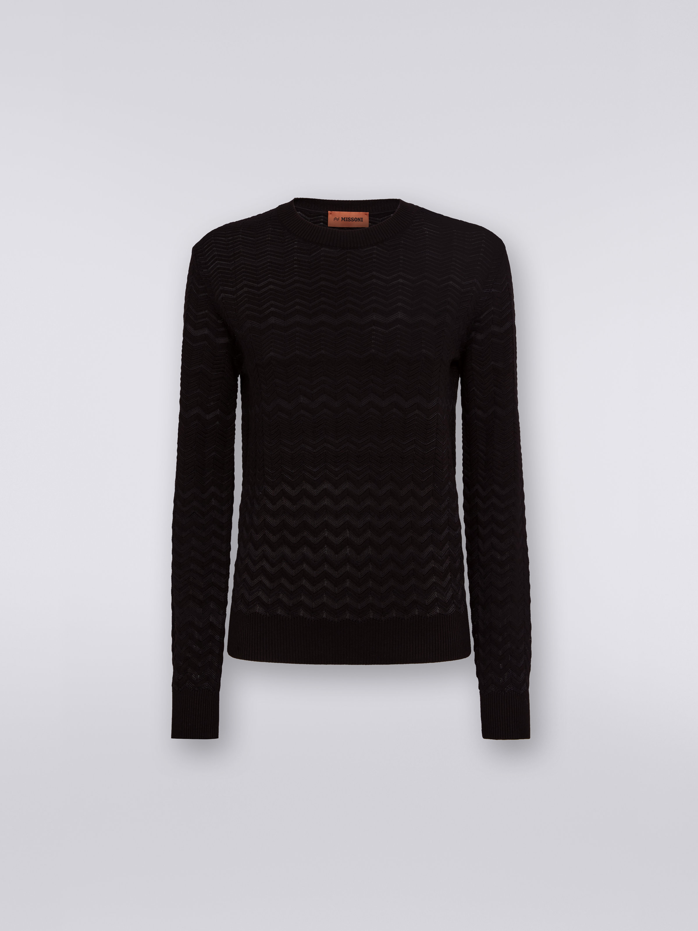 Cotton and viscose crew-neck jumper with tone-on-tone zigzag, Black    - 0