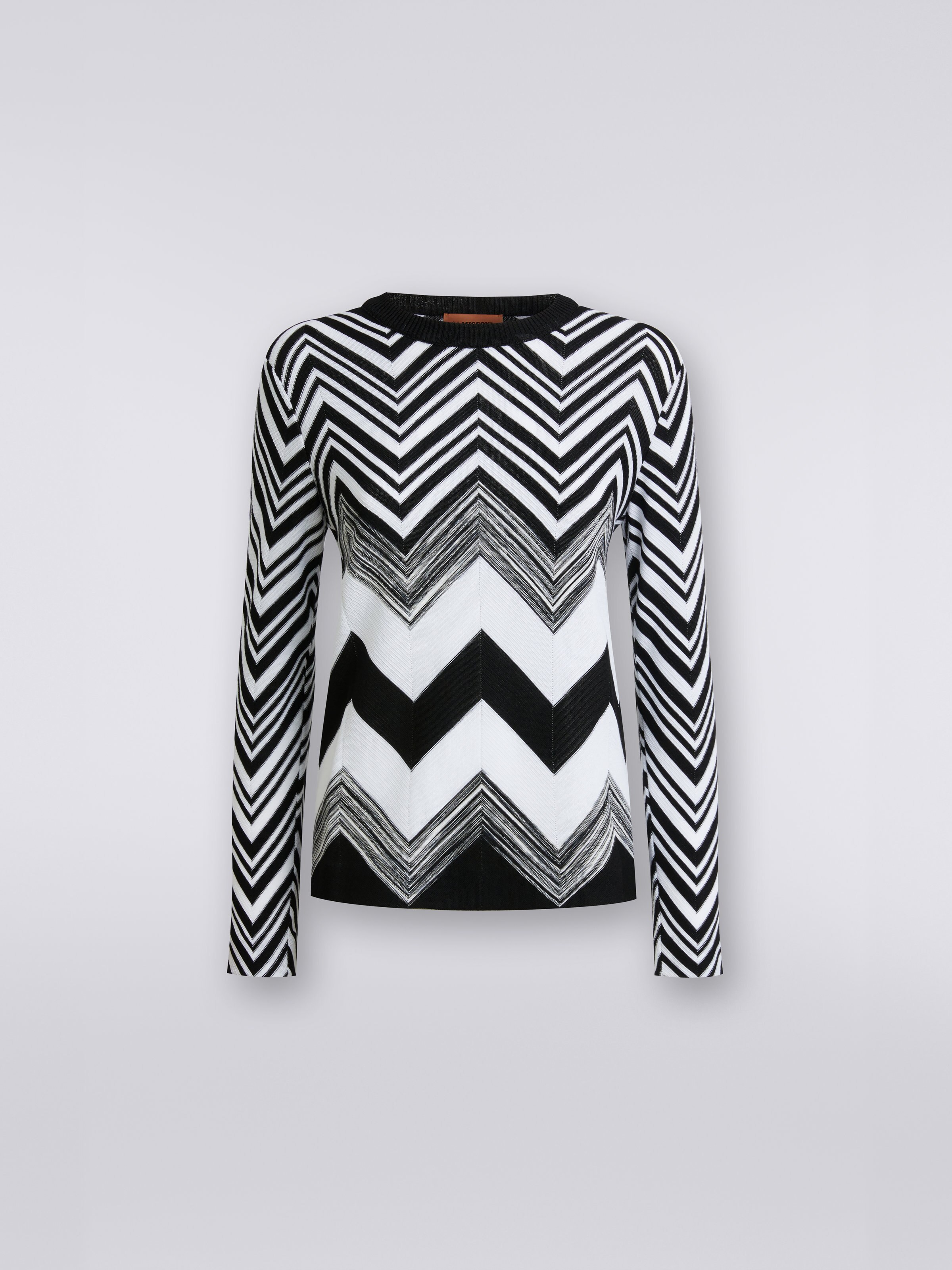 Camiseta de cuello redondo en mezcla de algodón zigzag, Blanco & Negro - 0