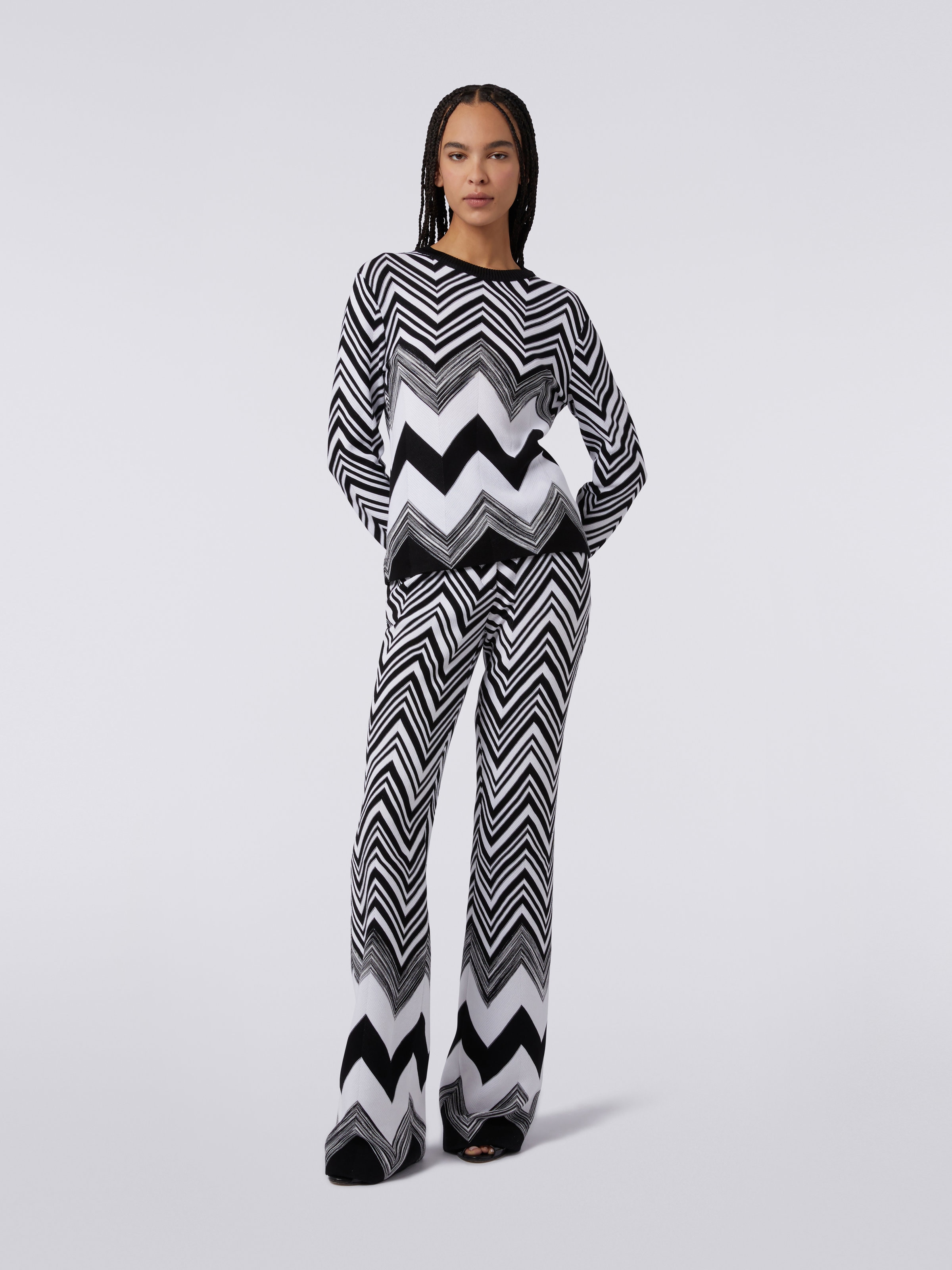 Crew-neck sweater in zigzag cotton blend, Black & White - 1
