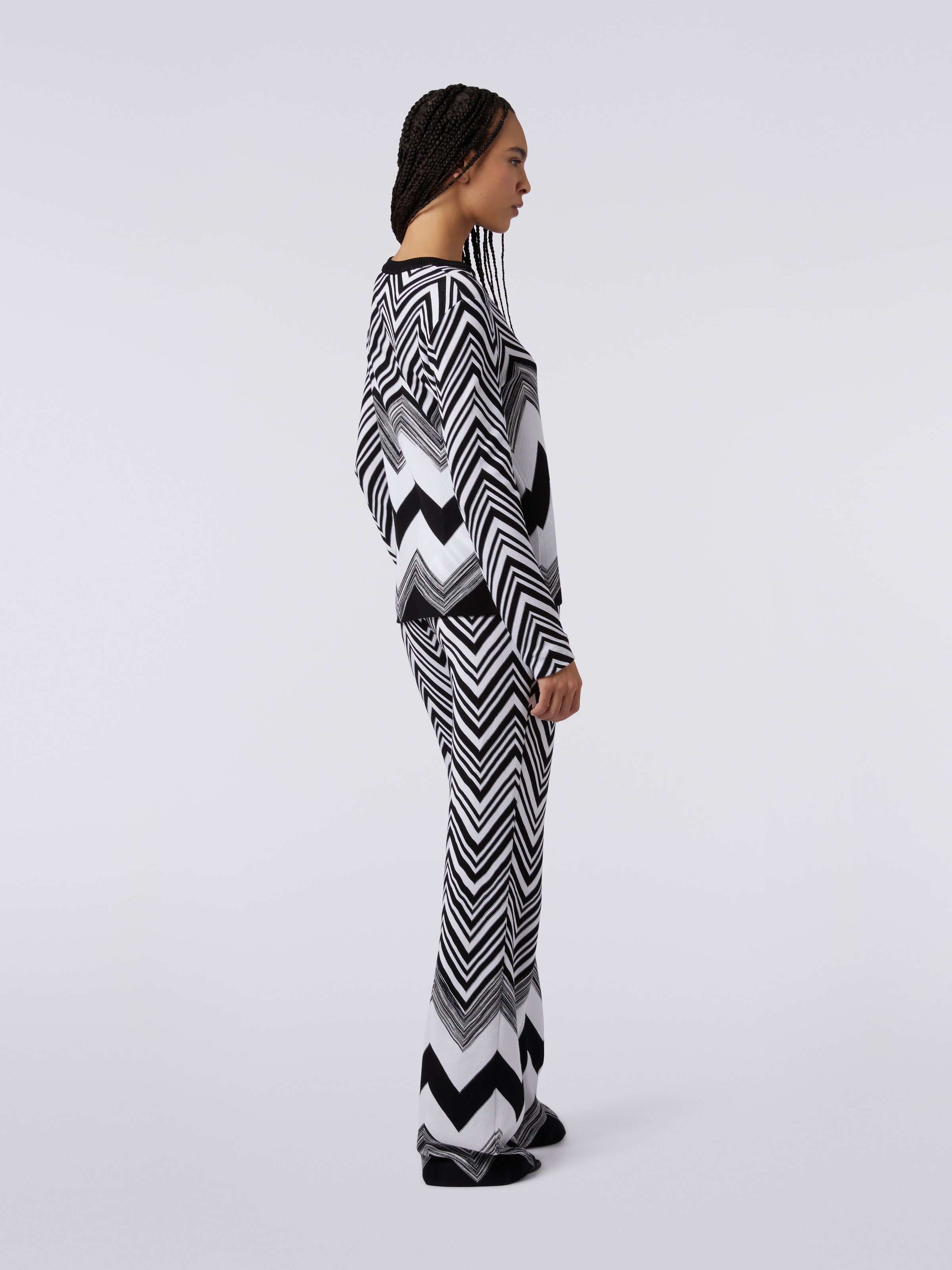 Crew-neck sweater in zigzag cotton blend, Black & White - 3