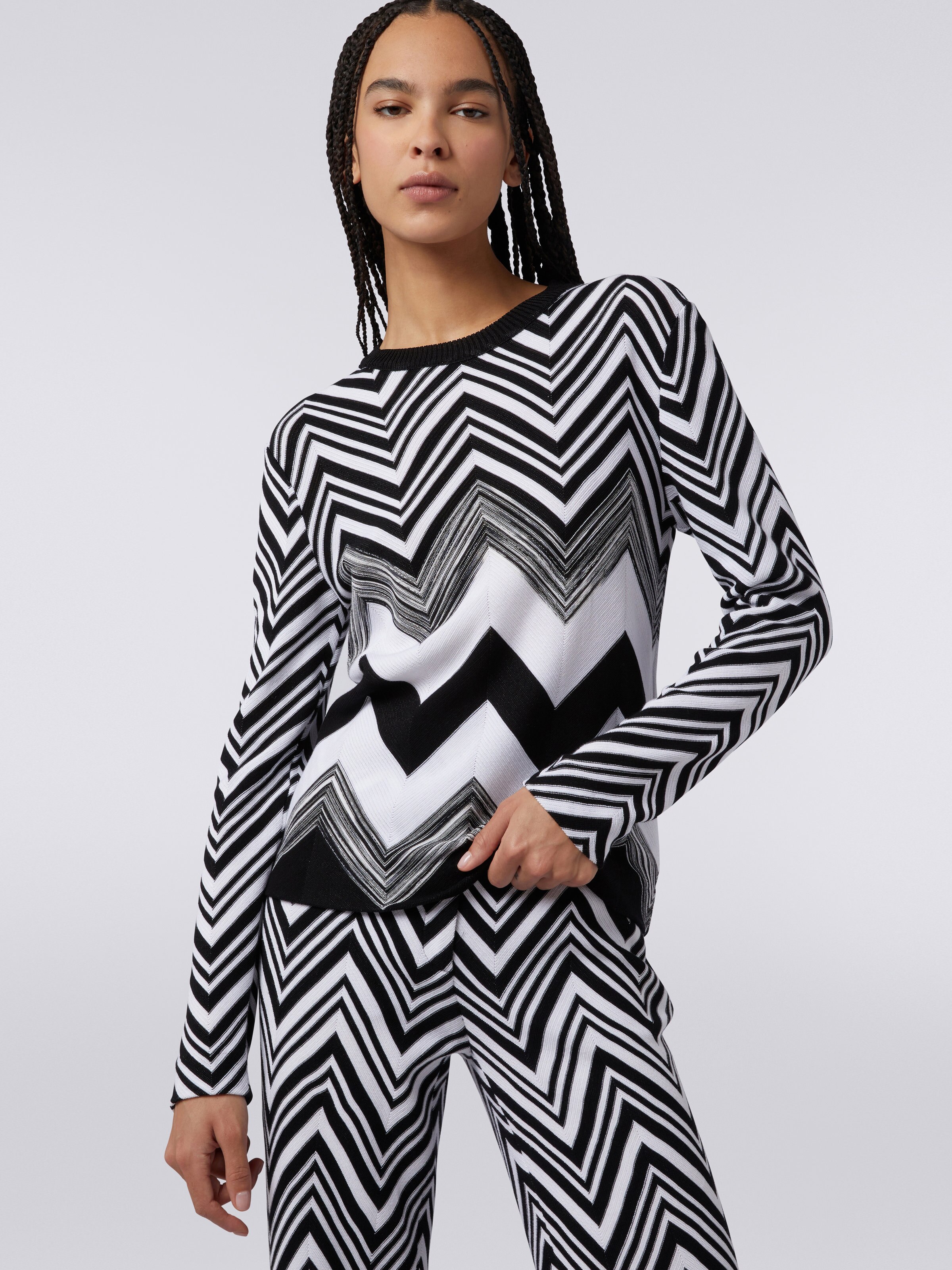 Crew-neck sweater in zigzag cotton blend, Black & White - 4