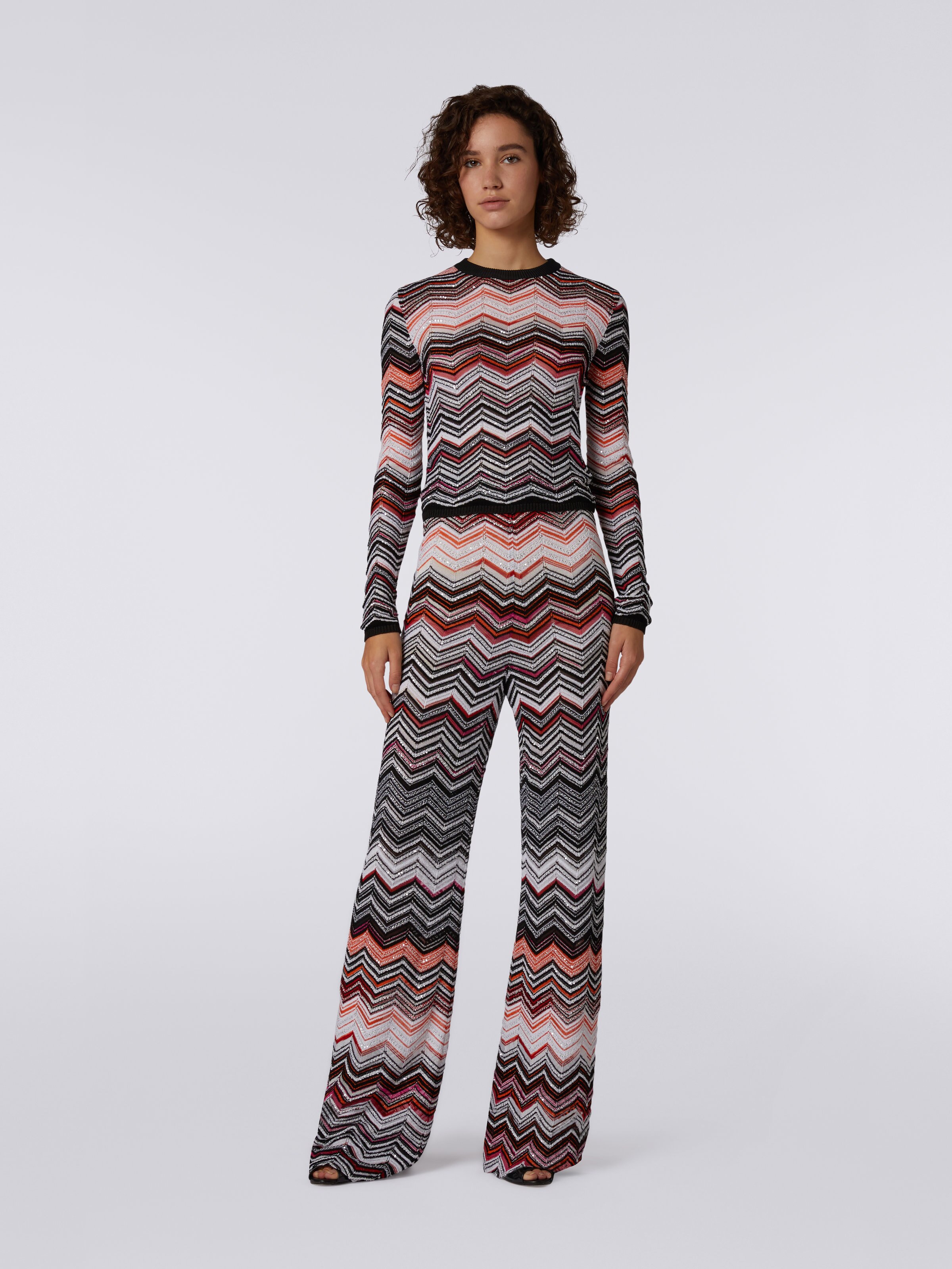 Viscose chevron crew-neck jumper with sequins, Black, Pink & White  - 1