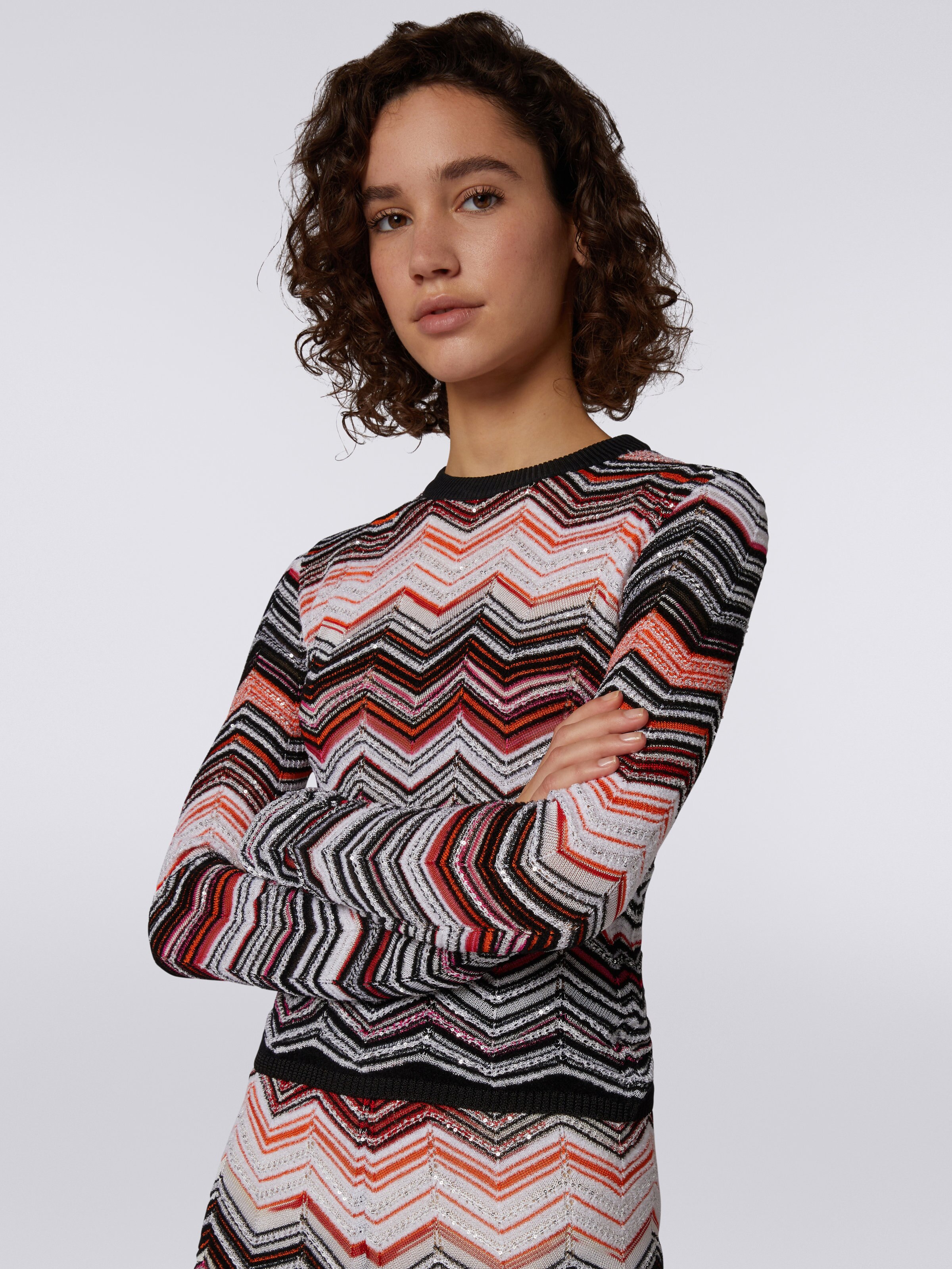 Viscose chevron crew-neck jumper with sequins, Black, Pink & White  - 4