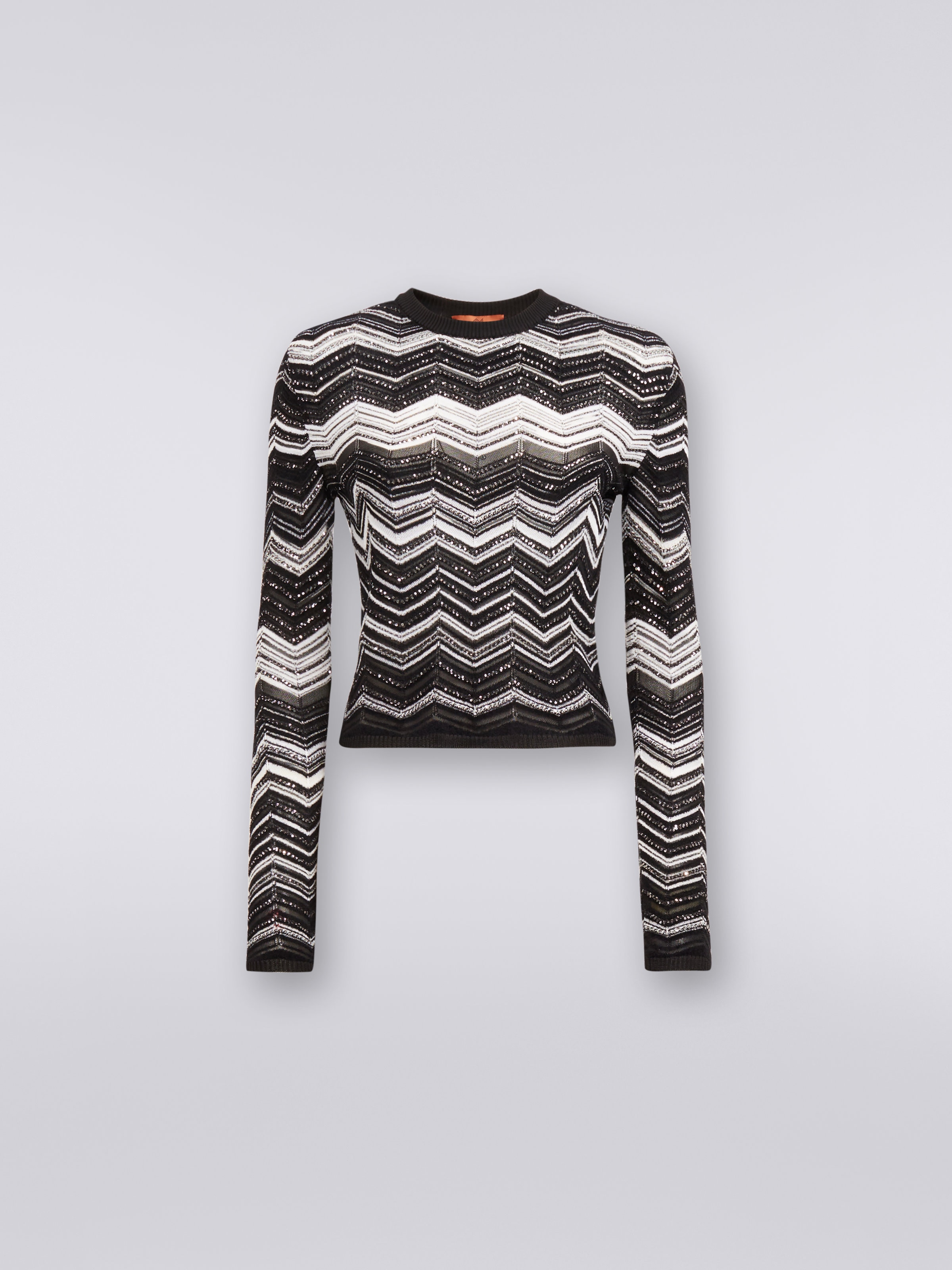 Viscose chevron crew-neck jumper with sequins, Black & White - 0