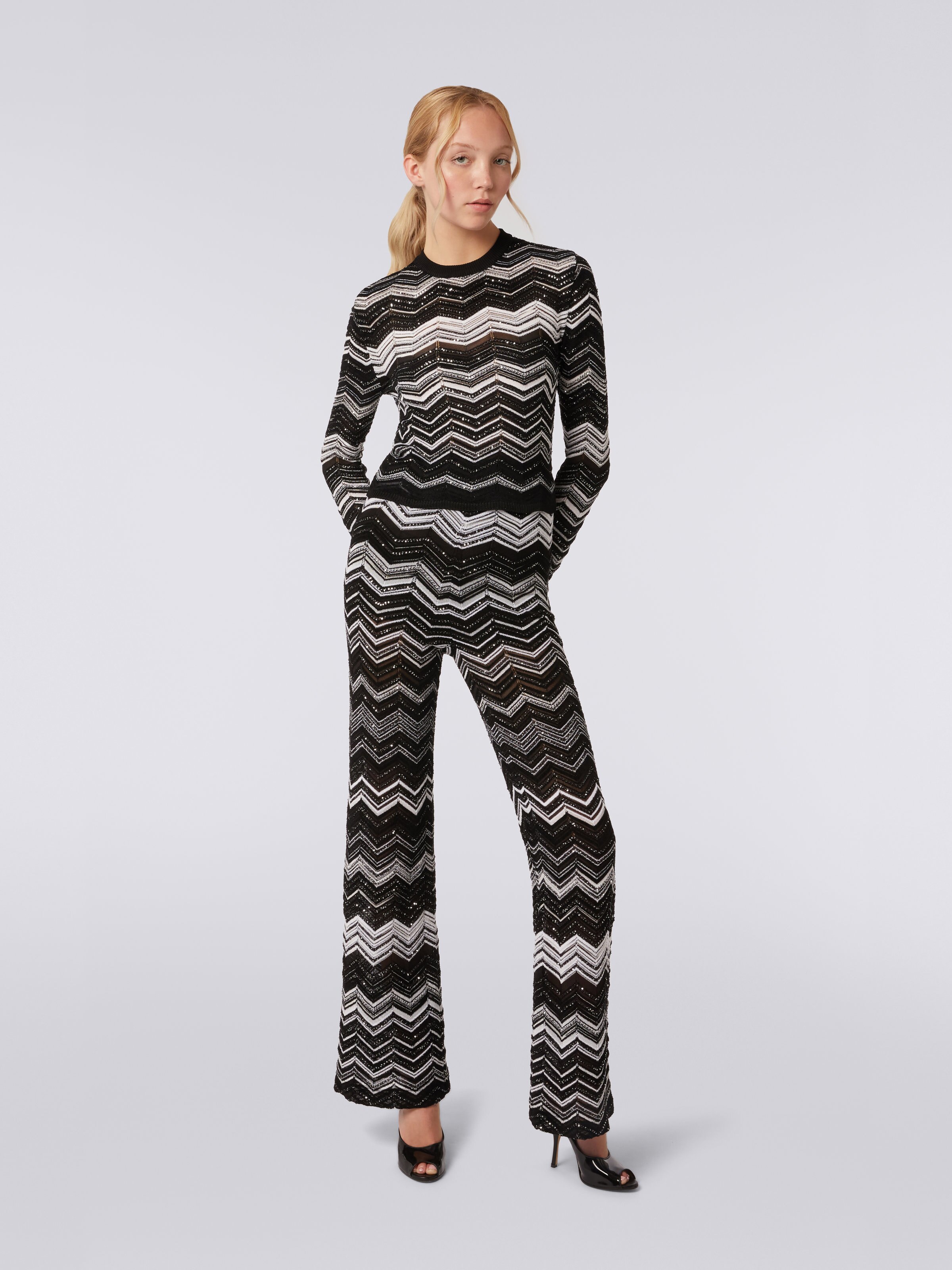 Viscose chevron crew-neck jumper with sequins, Black & White - 1