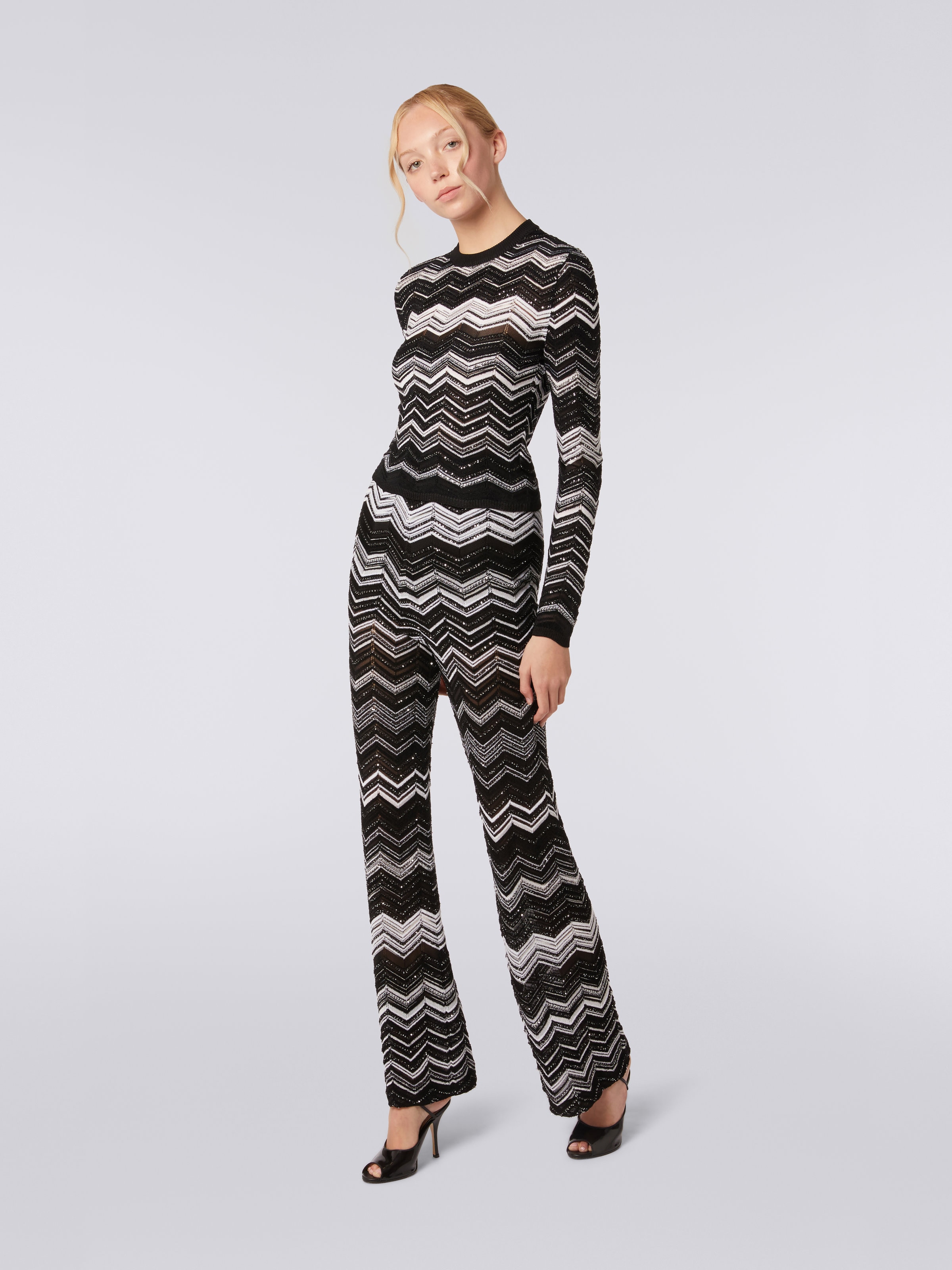 Viscose chevron crew-neck jumper with sequins, Black & White - 2