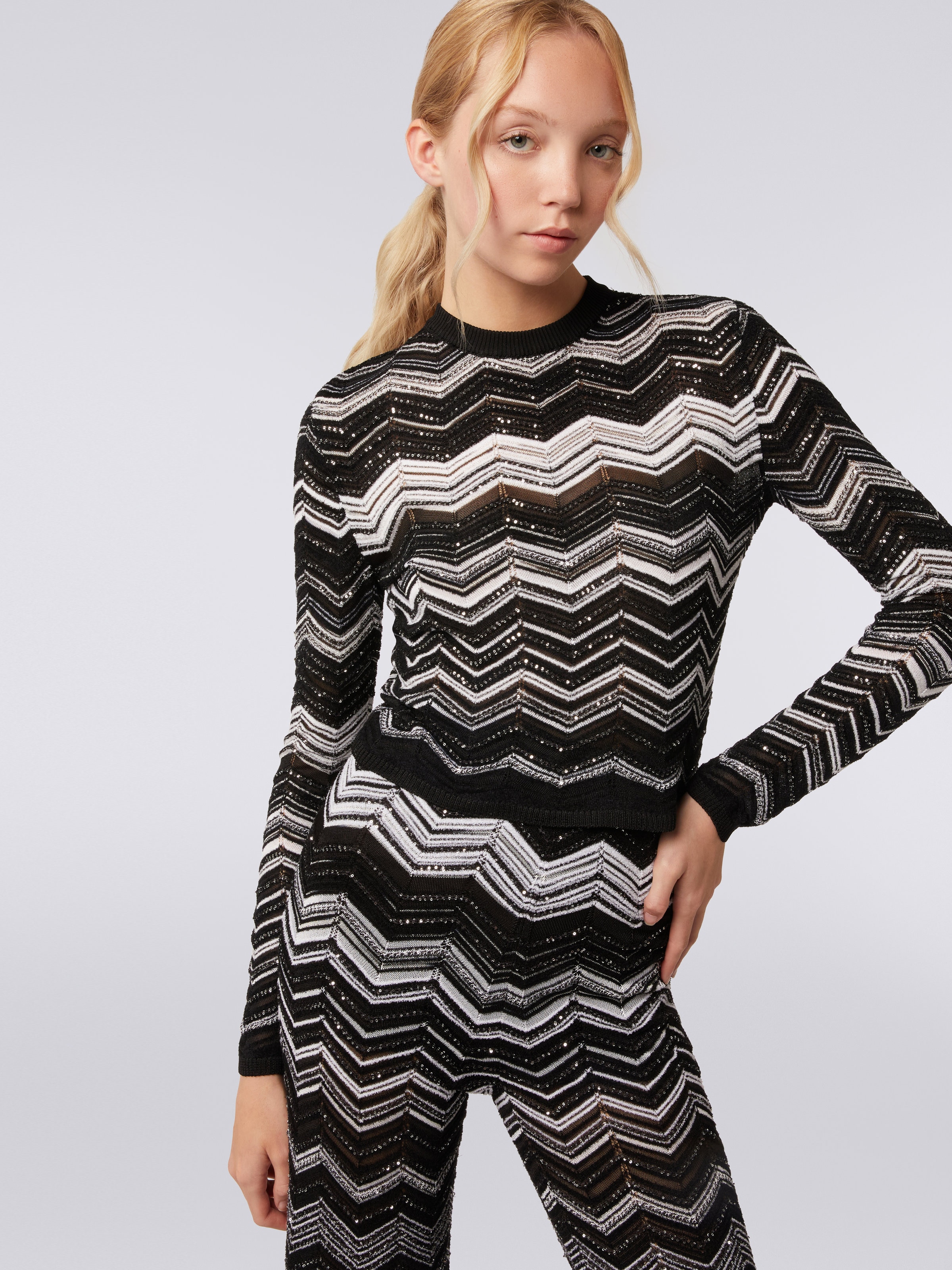 Viscose chevron crew-neck jumper with sequins, Black & White - 4