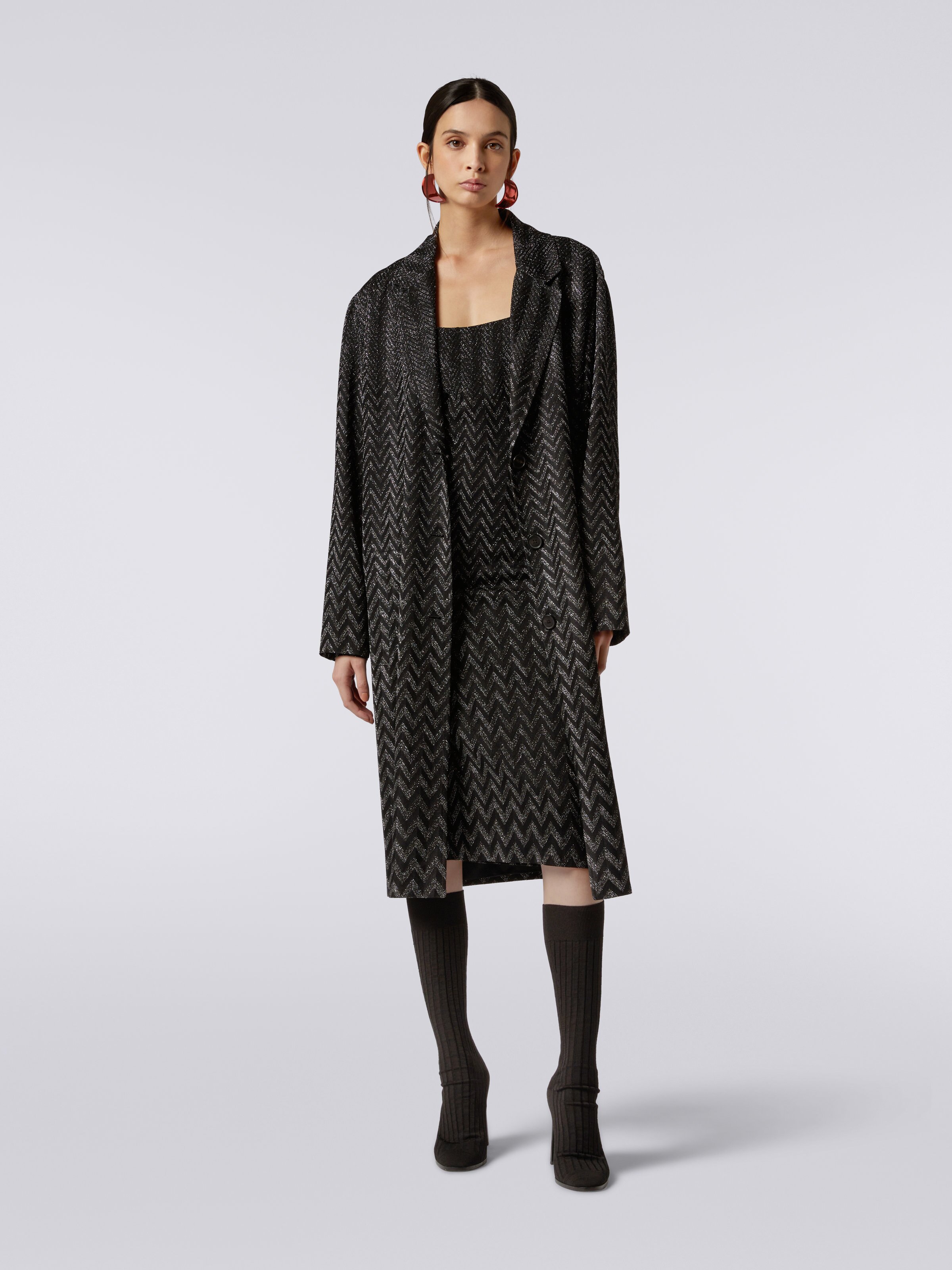 Viscose chevron coat with lurex, Black    - 1