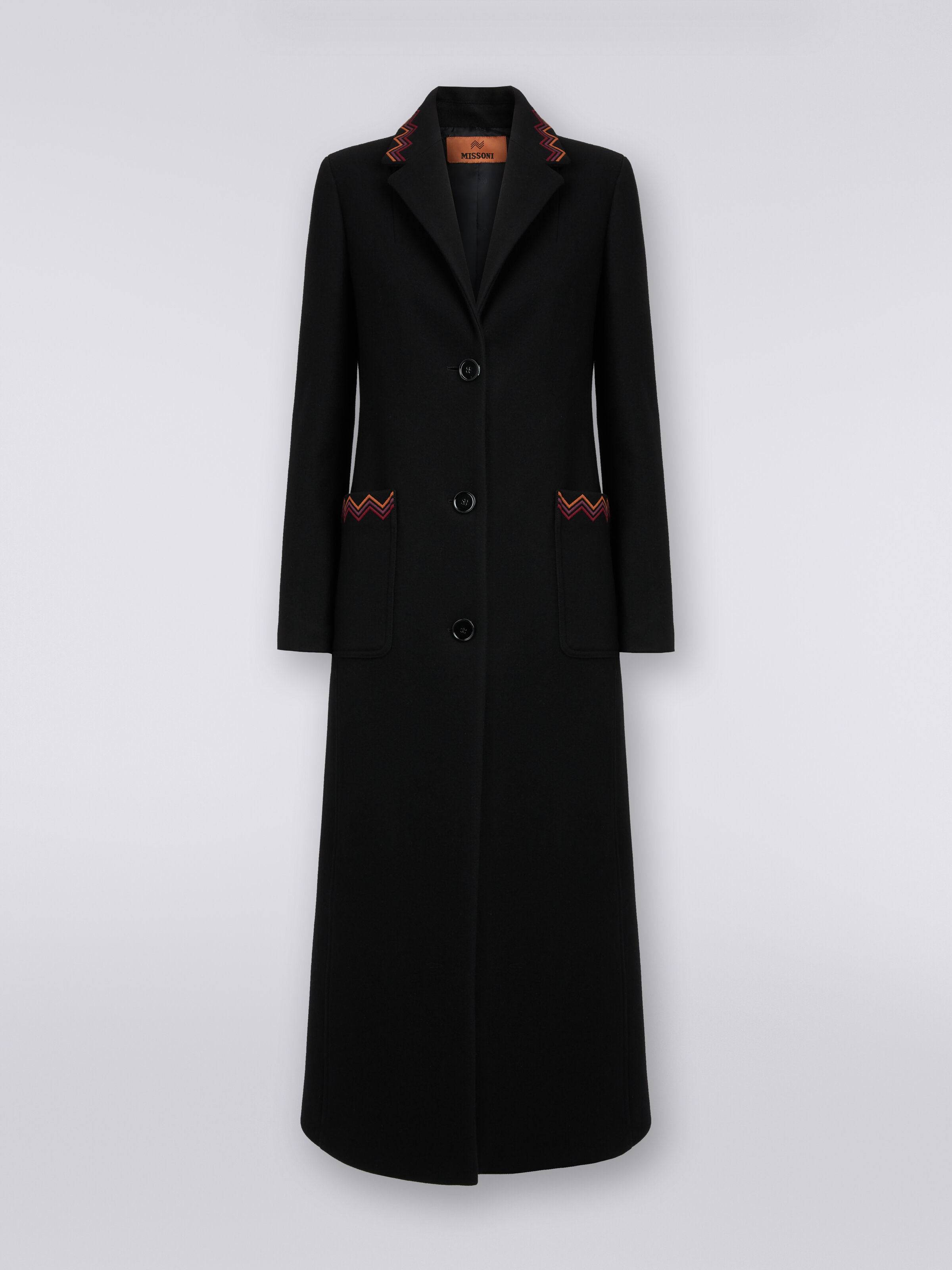 Wool blend long coat with zigzag inserts, Black    - 0