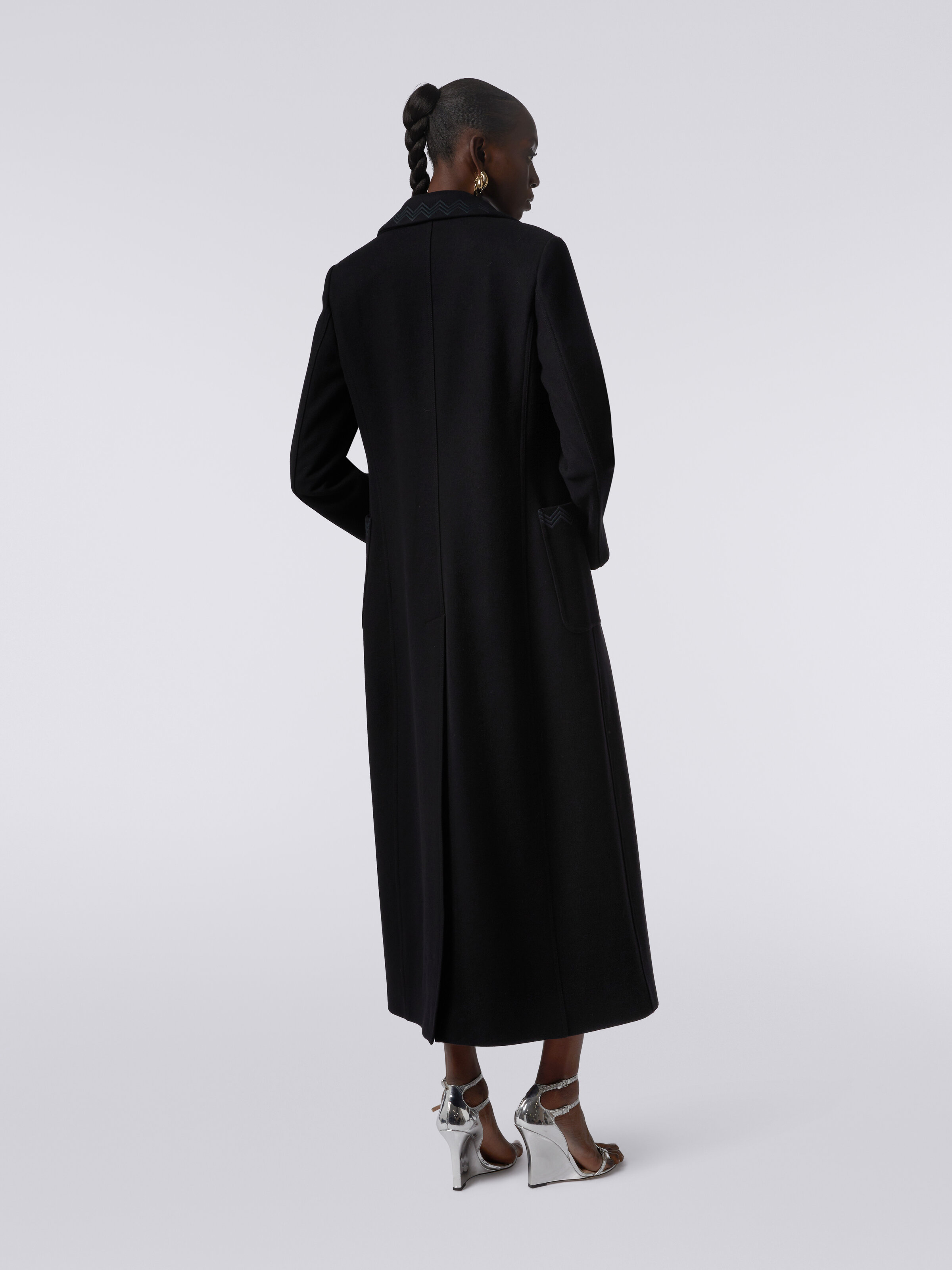 Manteau long en laine mélangée avec empiècements zig zag, Noir    - 3