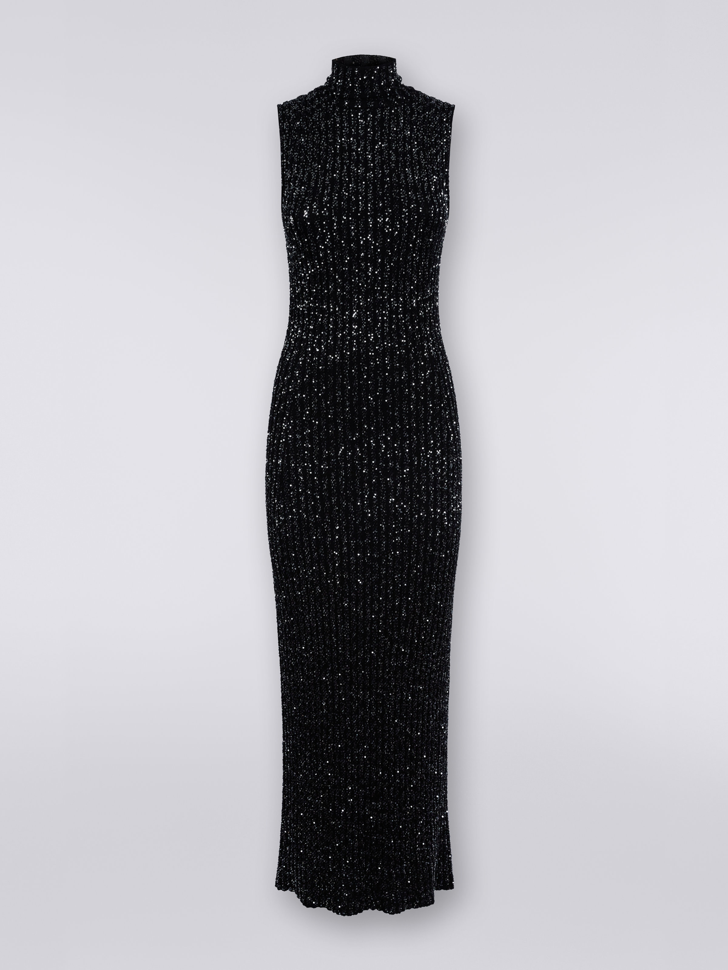 Langes Kleid aus Viskosemischgewebe mit Pailletten, Schwarz    - 0