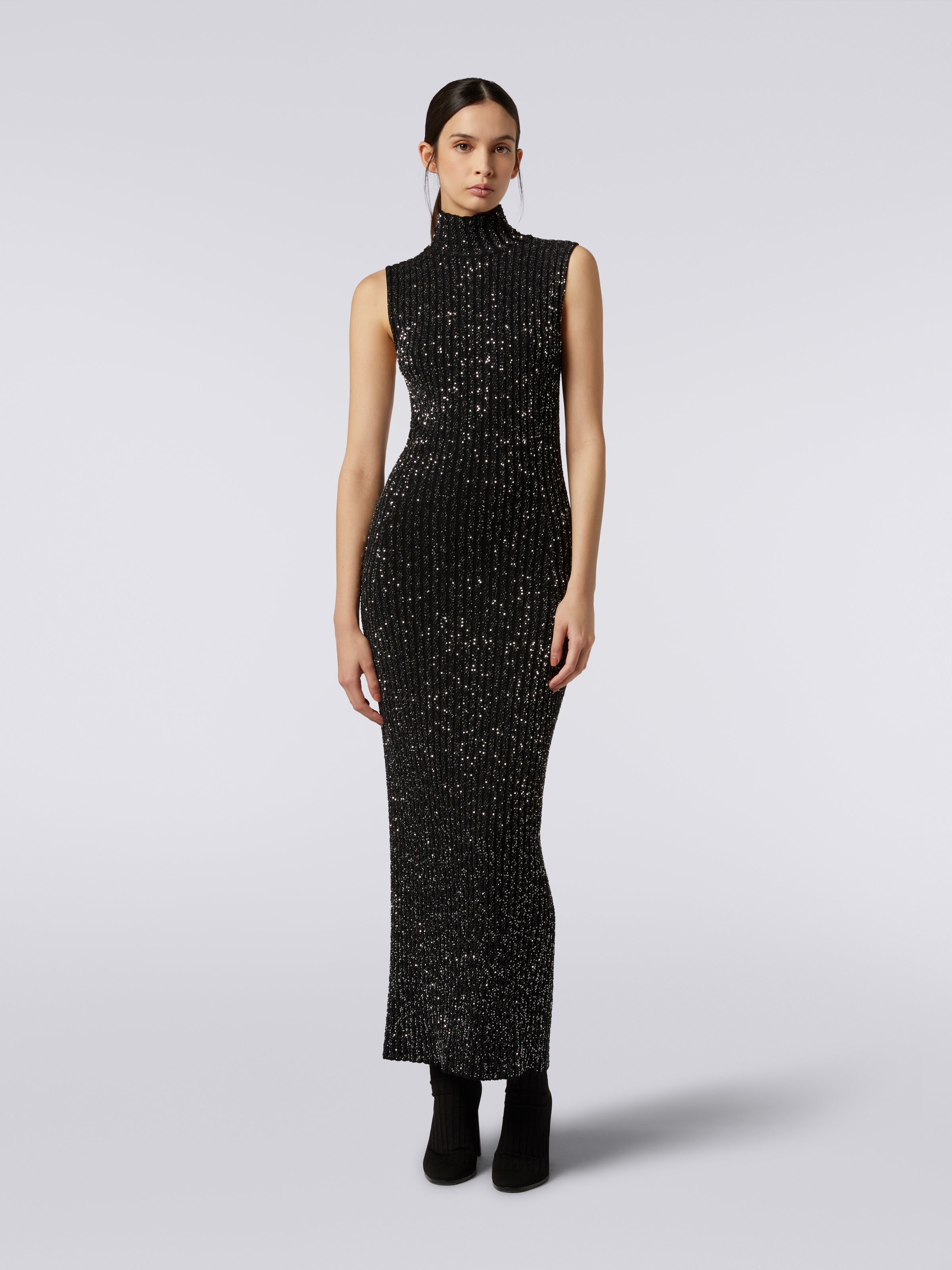 Langes Kleid aus Viskosemischgewebe mit Pailletten, Schwarz    - 1
