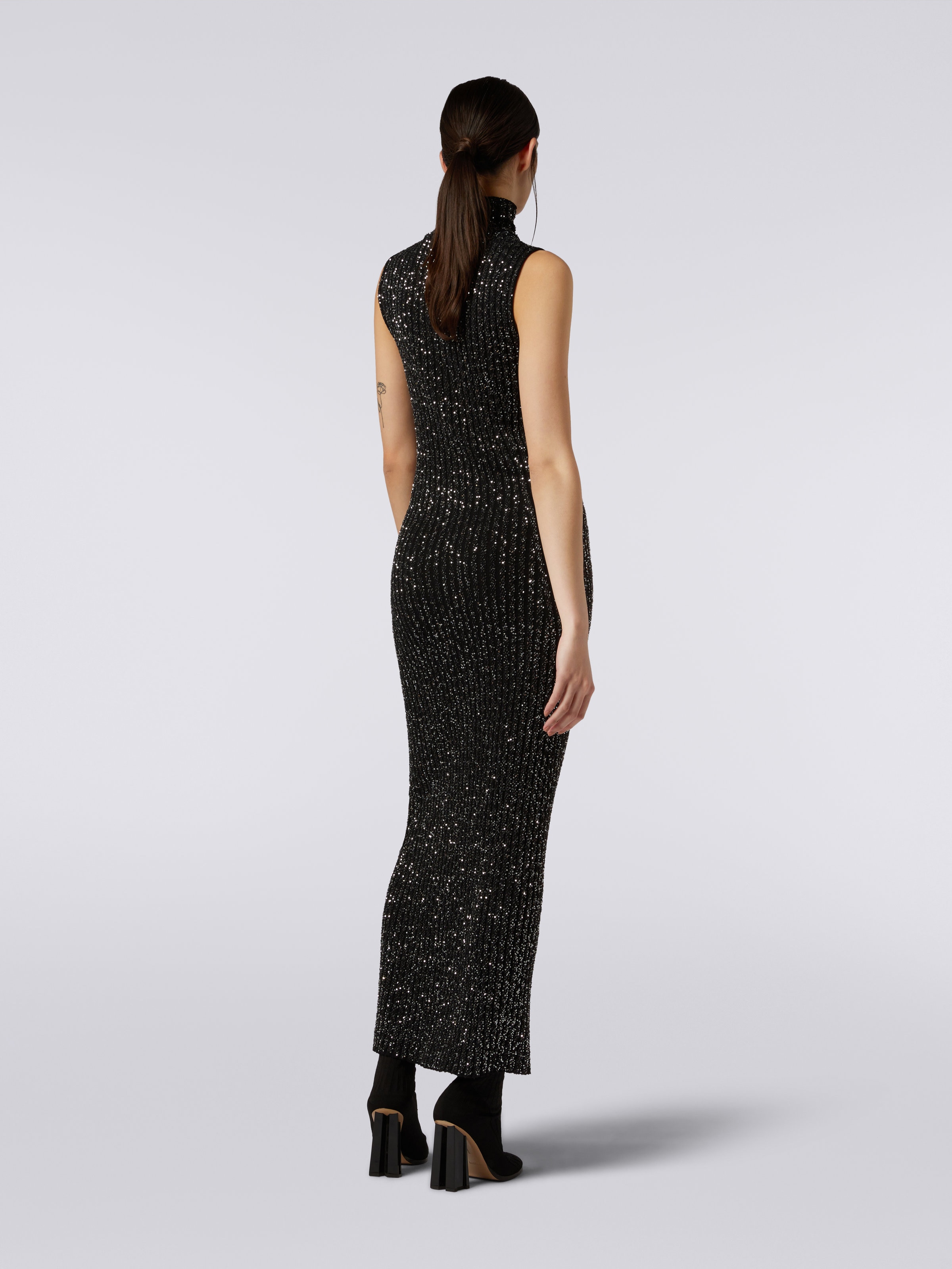 Langes Kleid aus Viskosemischgewebe mit Pailletten, Schwarz    - 3
