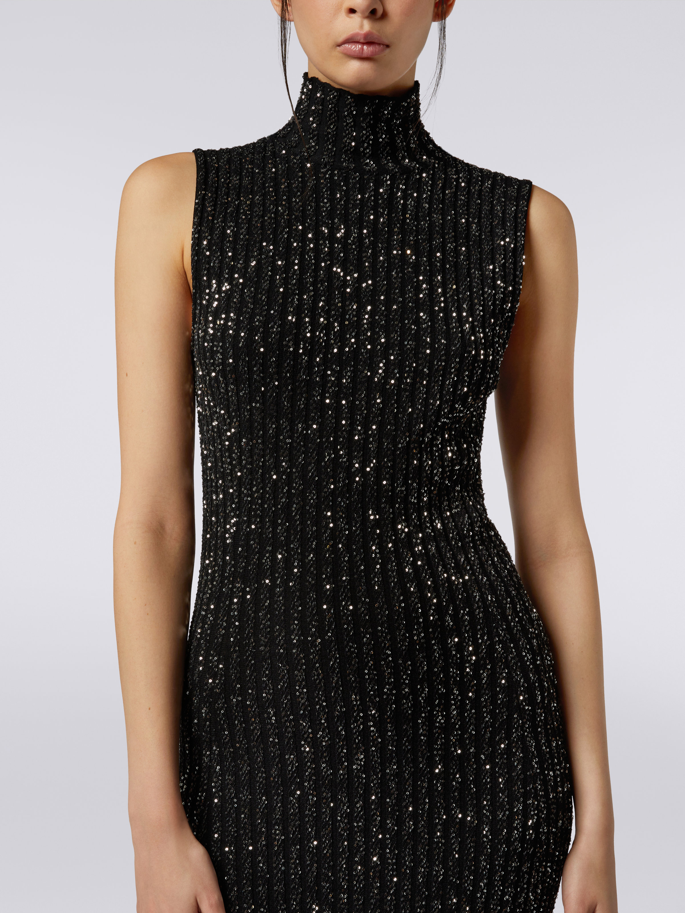 Langes Kleid aus Viskosemischgewebe mit Pailletten, Schwarz    - 4