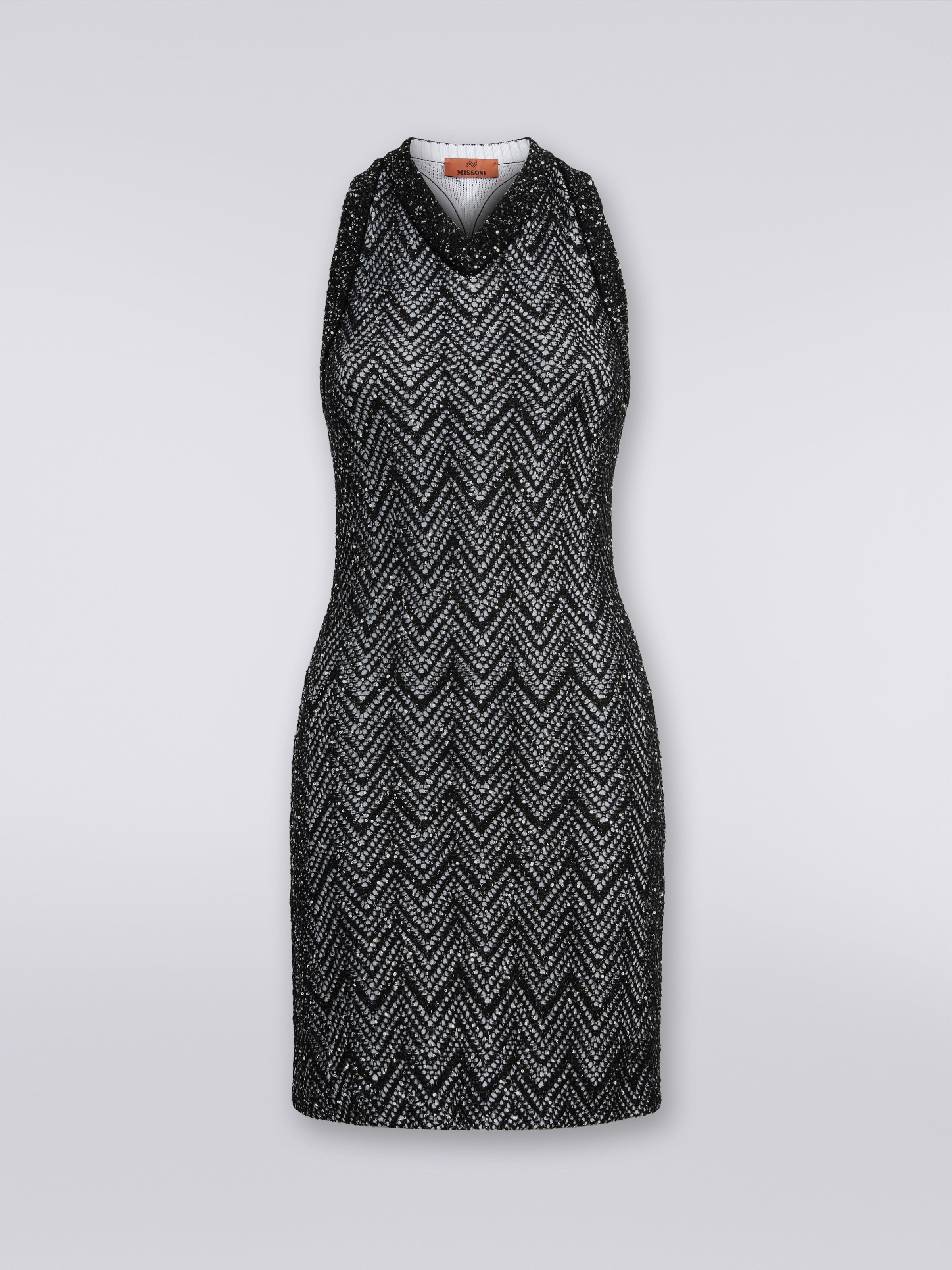 Kleid aus Baumwollmischgewebe mit Chevronmuster und Pailletten, Schwarz    - 0