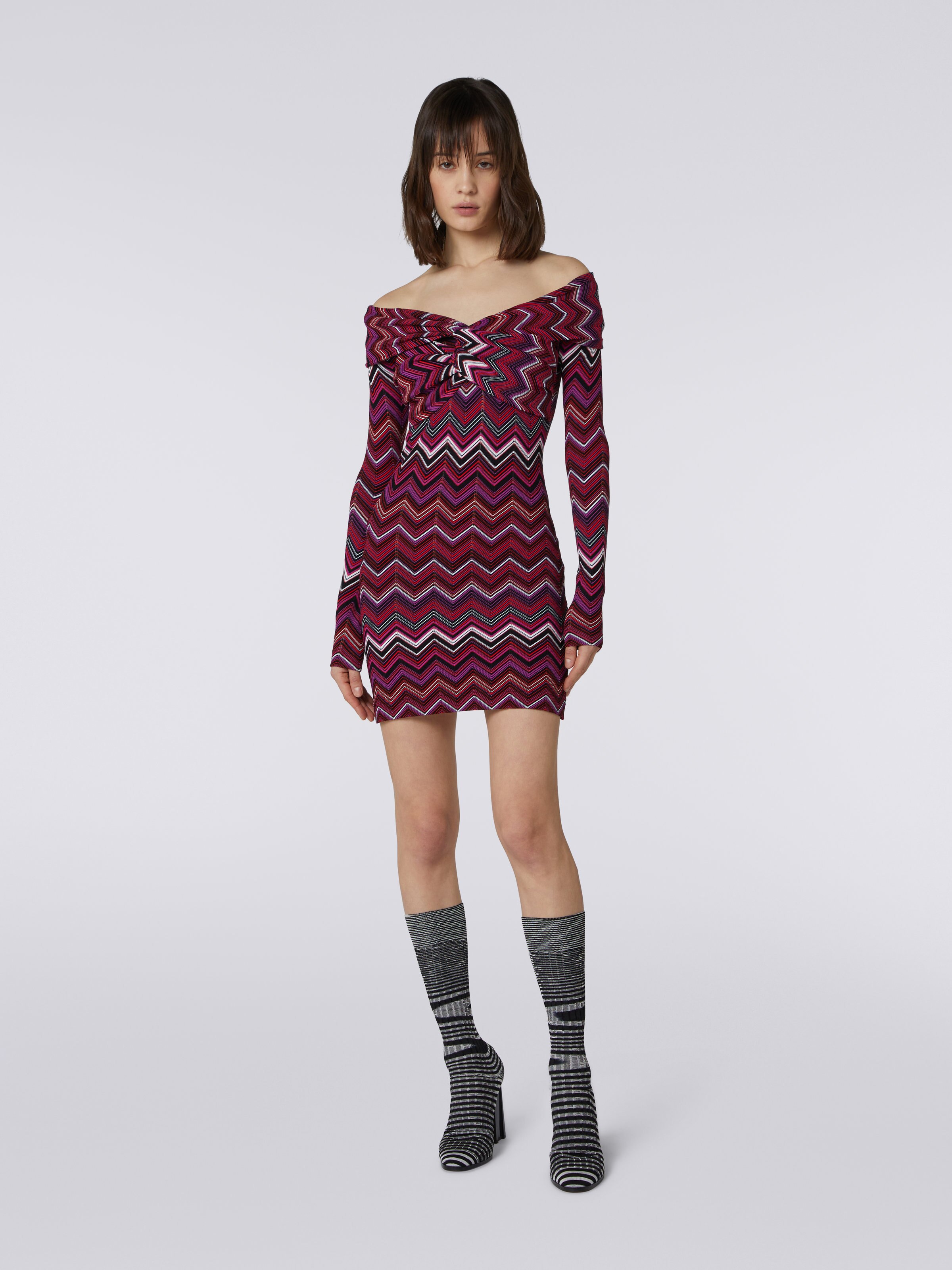 Viscose chevron mini dress with Bardot neckline, Multicoloured  - 1