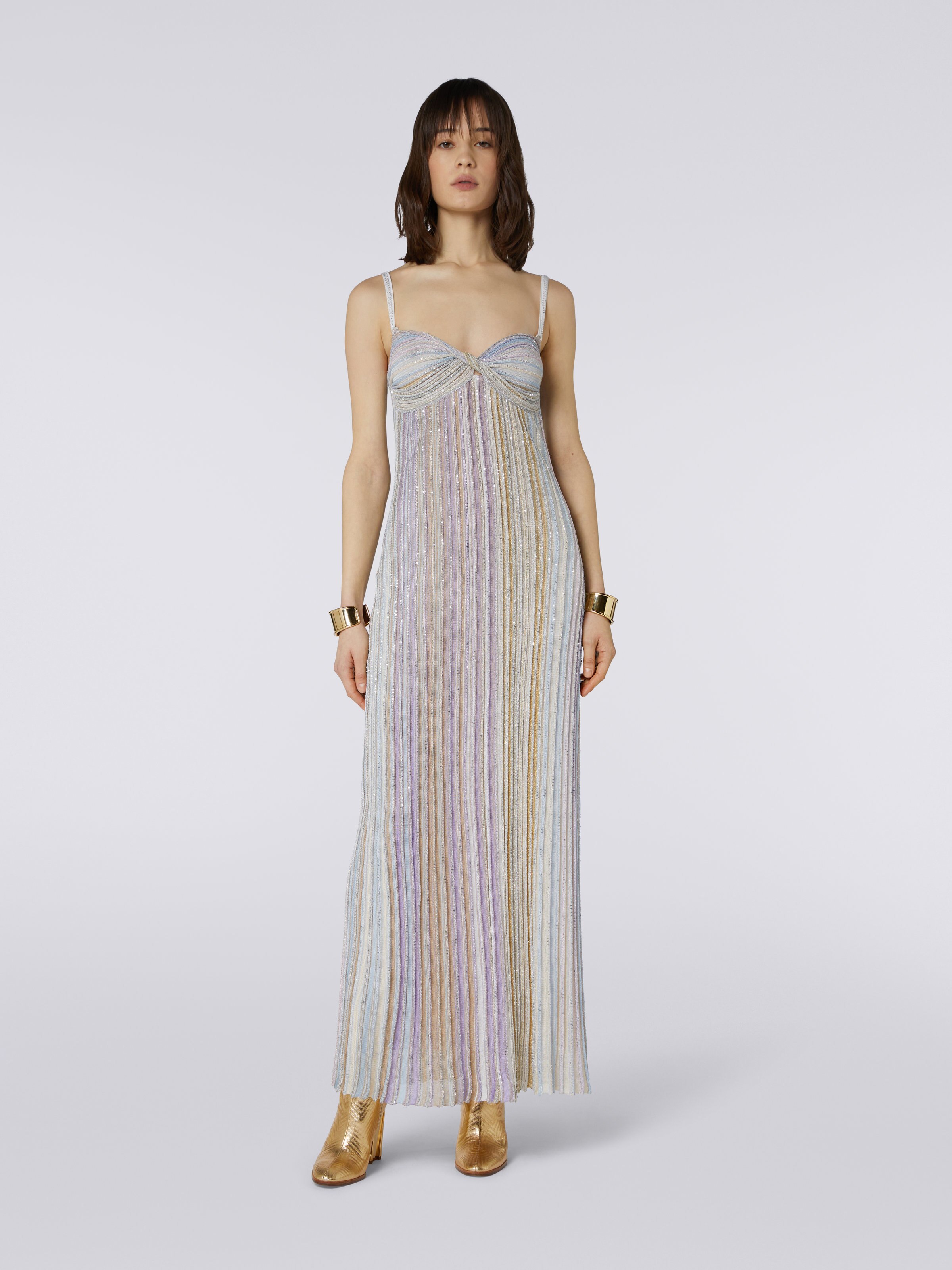 Long dress with bow neckline and sequins, Multicoloured  - 1