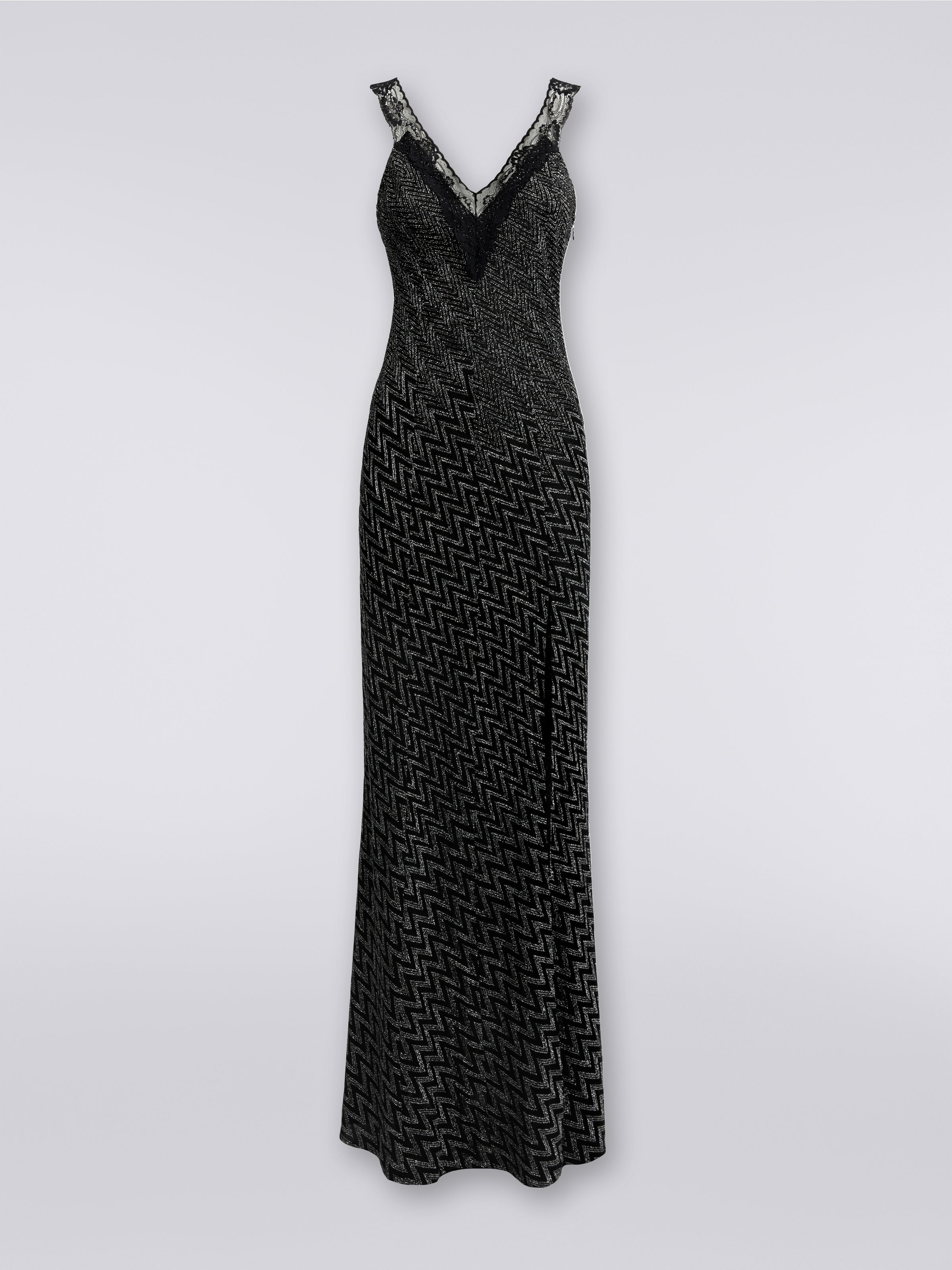 Long dress chevron with slit and V neckline, Black    - 0