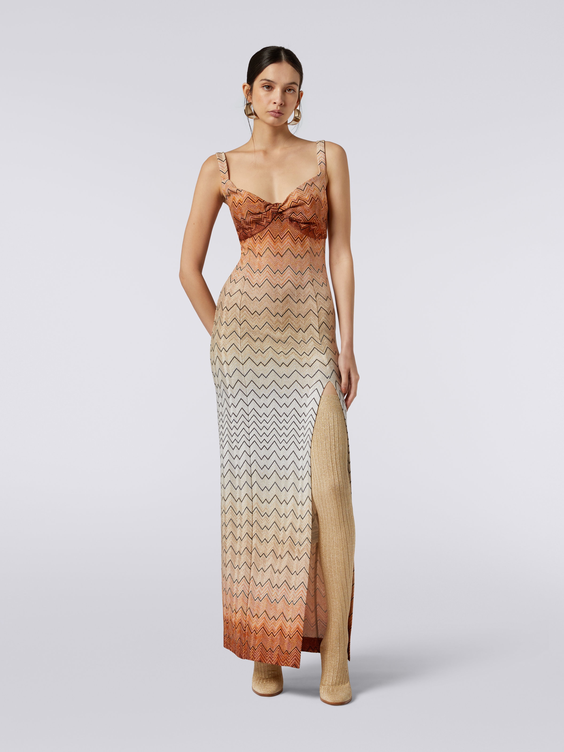 Long dress in zigzag viscose blend with lurex, White  - 1